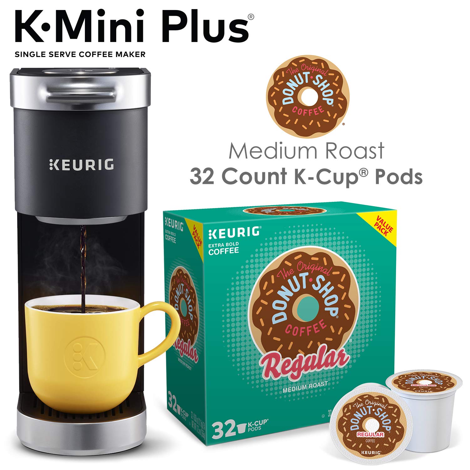 Keurig K-Mini Plus Single Serve Coffee Maker with 32 Donut Shop Coffee Pods - Compact & Fast Brewing for Home, Office & Dorm Use