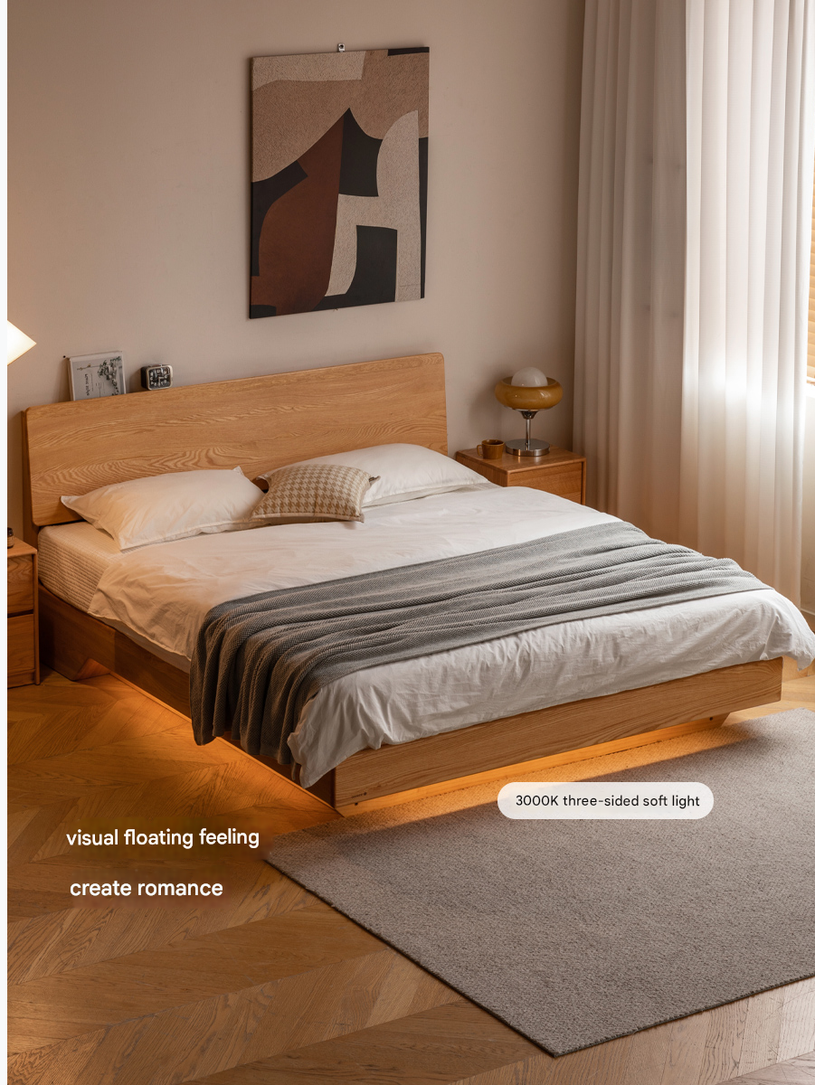 Solid Oak & Black Walnut Wood Floating Platform Bed with LED Lighting - Modern Bedroom Furniture for Contemporary Home Decor