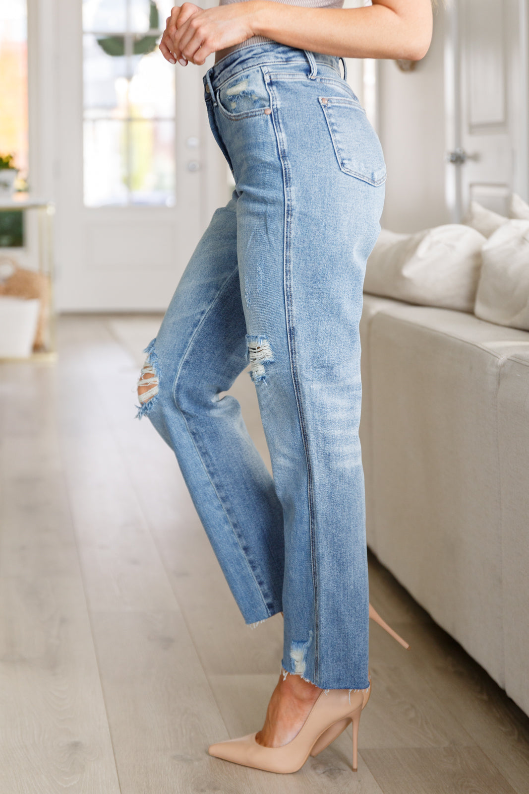 Nora High Rise Rigid Magic Destroy Slim Straight Jeans for Women - Stretch Denim Pants with Comfortable Fit, Perfect for Casual Wear, Office & Night Out