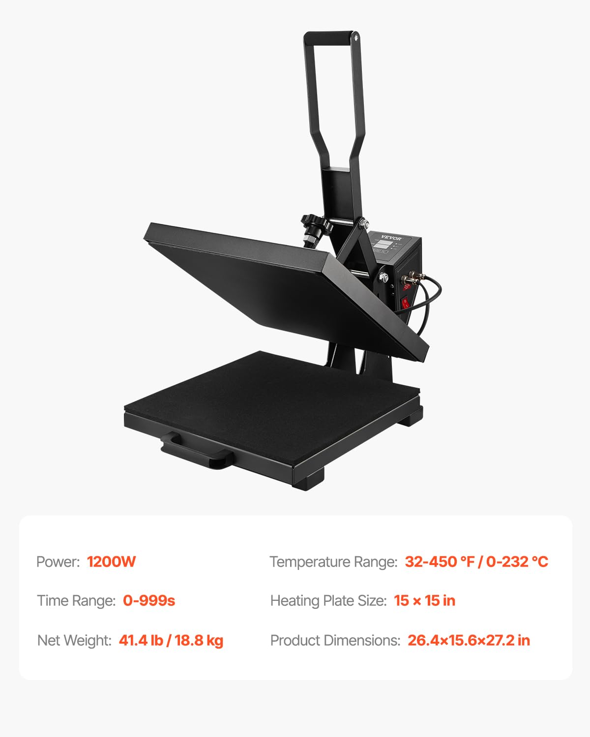 VEVOR 15x15 Inch Digital Heat Press Machine for T-Shirts & Sublimation - Fast Heating, High Pressure Industrial Grade Heat Transfer Press for Vinyl, HTV, DIY Crafts (Dark Black) - Perfect for Custom Apparel, Mugs & Home Decor Projects