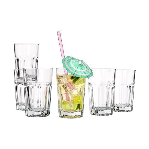 Vikko 9oz Highball Drinking Glasses Set of 6 - Durable Stackable Water Glasses with Heavy Base, Dishwasher Safe Tumblers for Cocktails, Juice & Iced Coffee - Perfect for Home Bar, Kitchen & Dinner Parties