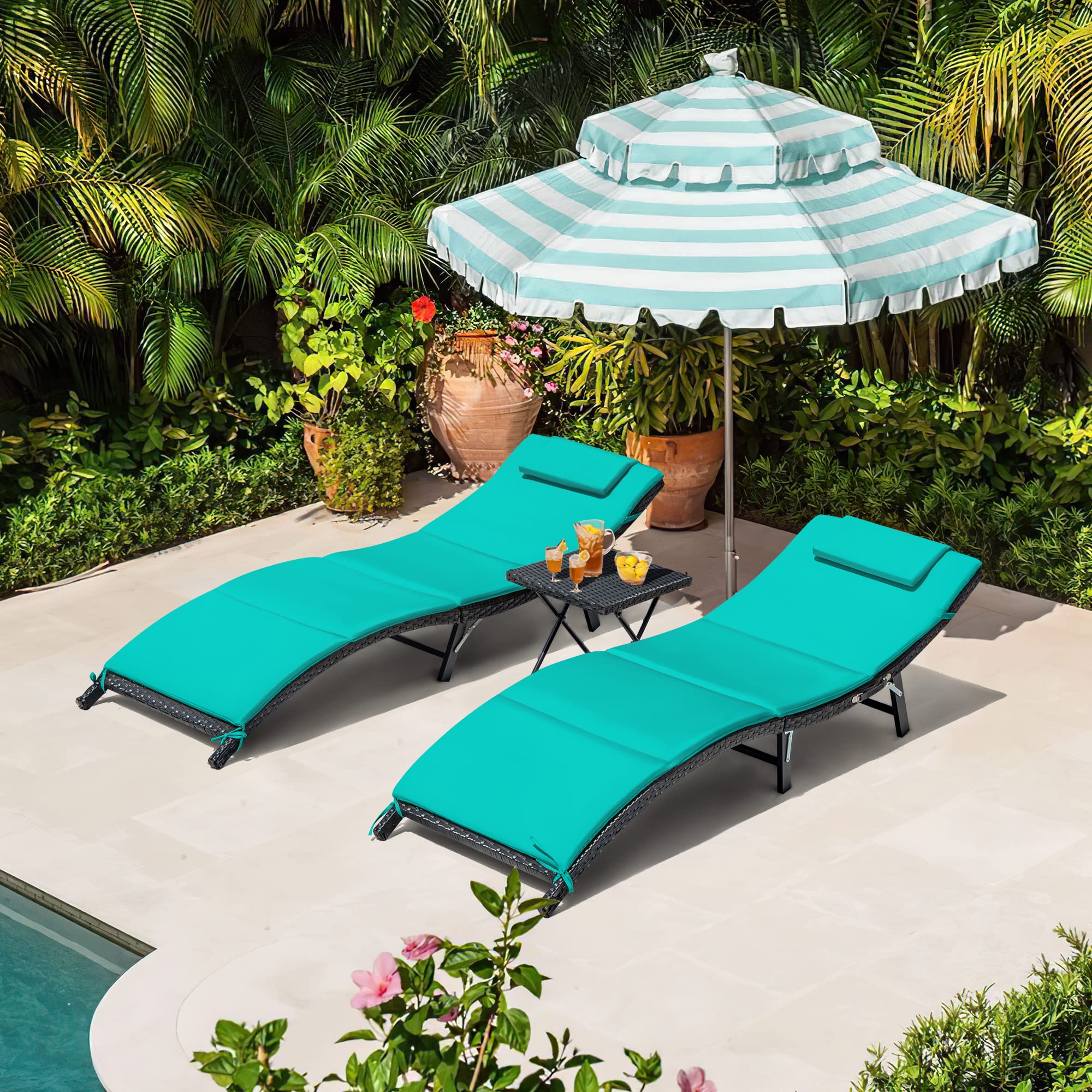 Homall 3-Piece Outdoor Patio Chaise Lounge Chair Set - PE Rattan Reclining Pool & Beach Chairs with Folding Table & Cushion (Blue) - Perfect for Backyard, Garden, Poolside & Beach Relaxation