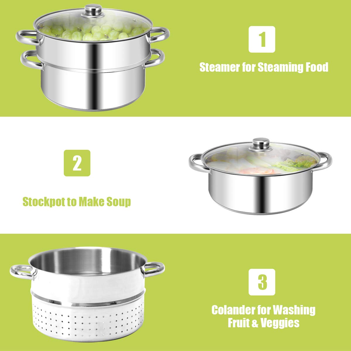Giantex 10 Quart Stainless Steel Steam Juicer with Tempered Glass Lid - Multi-Purpose Kitchen Cookware for Juicing Fruits, Vegetables, Making Jelly & Pasta | Includes Hose, Clamp & Loop Handles | Perfect for Home Canning, Preserving & Healthy Cooking