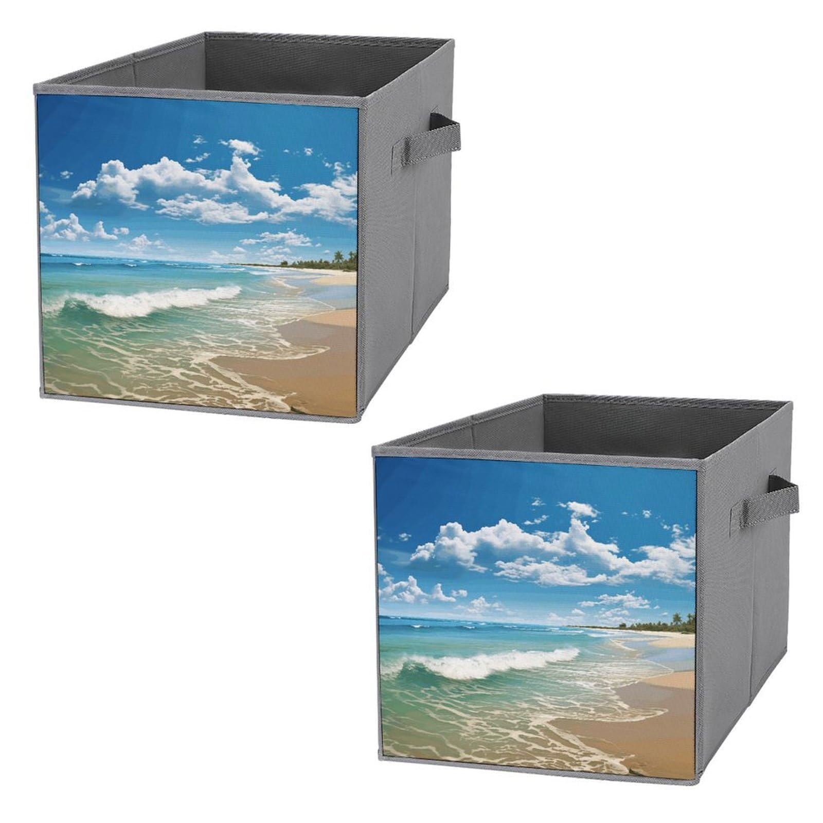 2PCS Foldable Storage Bins - Sandy Beach Printed Large Capacity Storage Boxes with Handles for Playroom, Office & Home Organization | Perfect for Toys, Books, Clothes & Household Items Storage