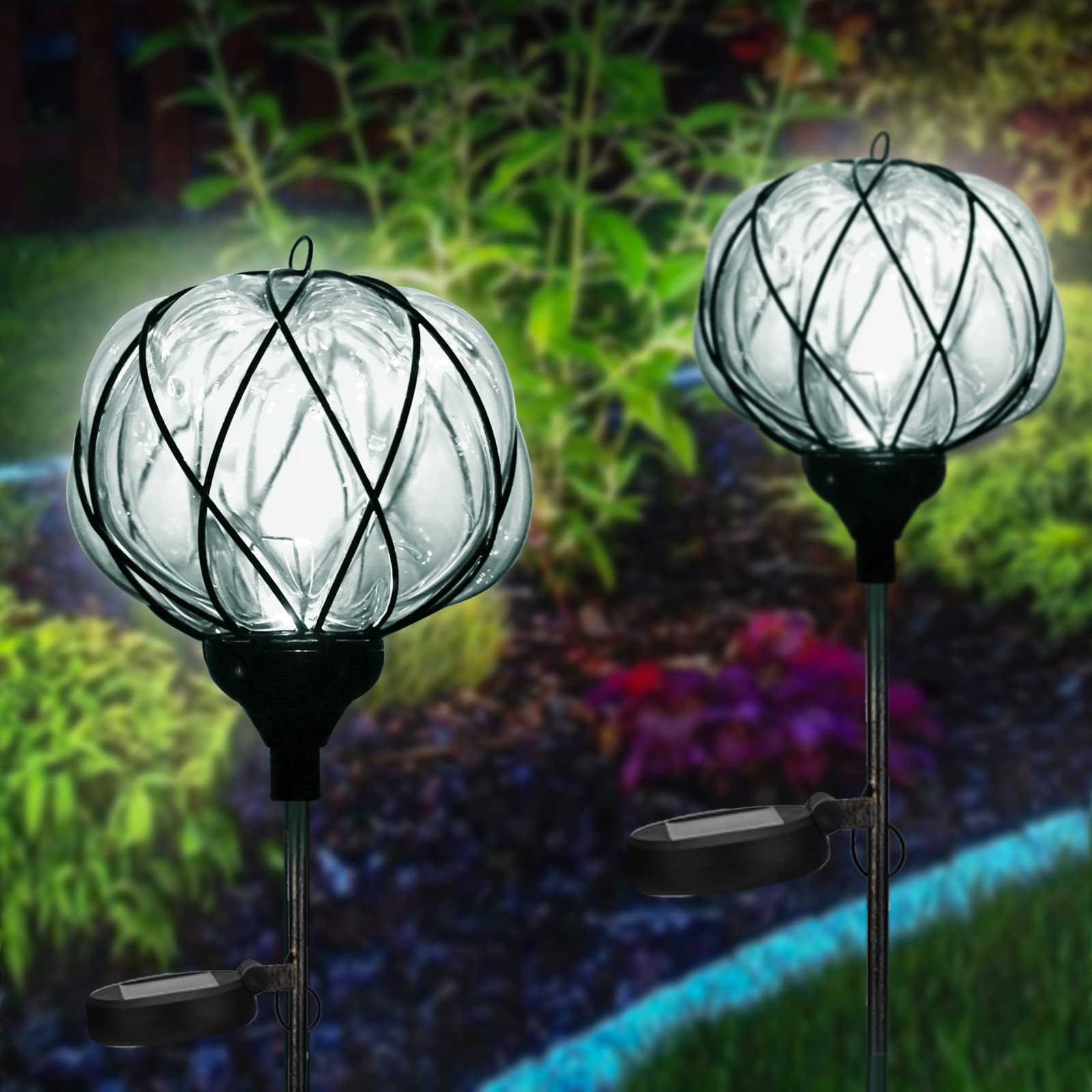 2 Packs Solar Garden Lights for Outdoor Decor - Clear Glass Solar Powered Lights for Yard, Patio, Pathway - Waterproof & Auto On/Off - Perfect Housewarming Gift for Garden, Lawn, Landscape Lighting