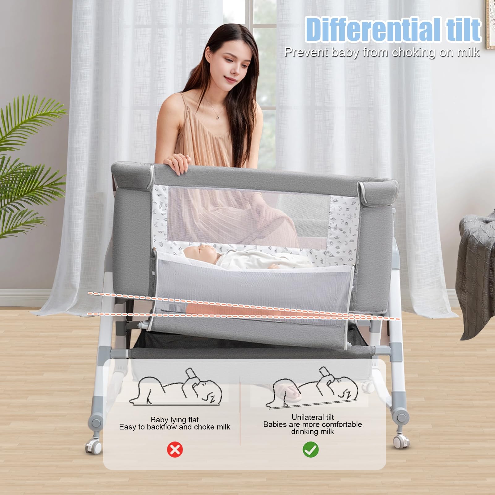 3-in-1 Adjustable Baby Bedside Crib with Mosquito Net - Convertible Bassinet, Large Curvature Cradle & Height-Adjustable Design for Newborns - Perfect for Co-Sleeping, Nursery & Bedroom Safety (Grey)