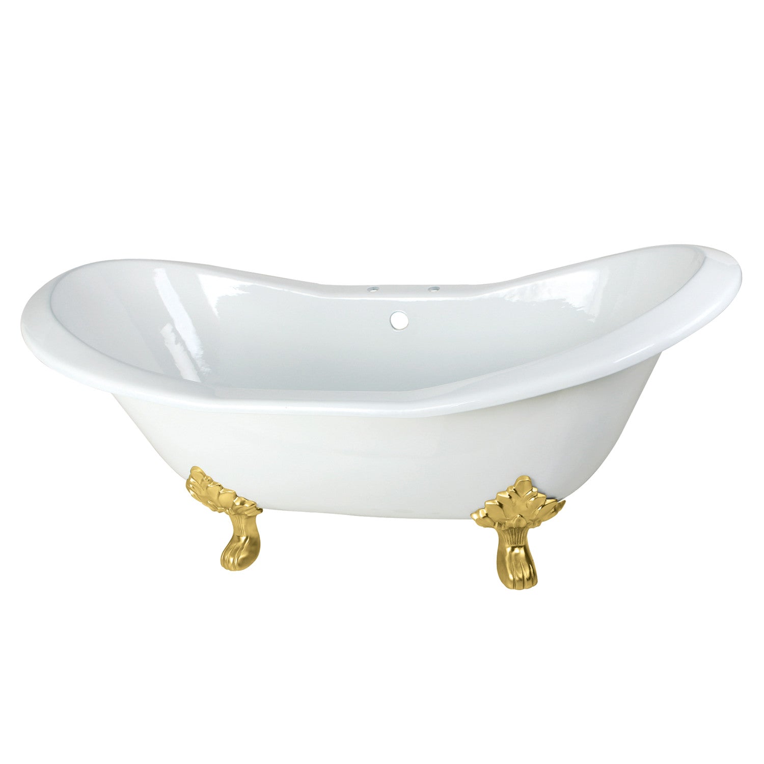 72 Inch White Cast Iron Oval Double Slipper Clawfoot Bathtub with Brushed Brass Faucet - Vintage Freestanding Soaking Tub for Luxury Bathroom & Spa Relaxation