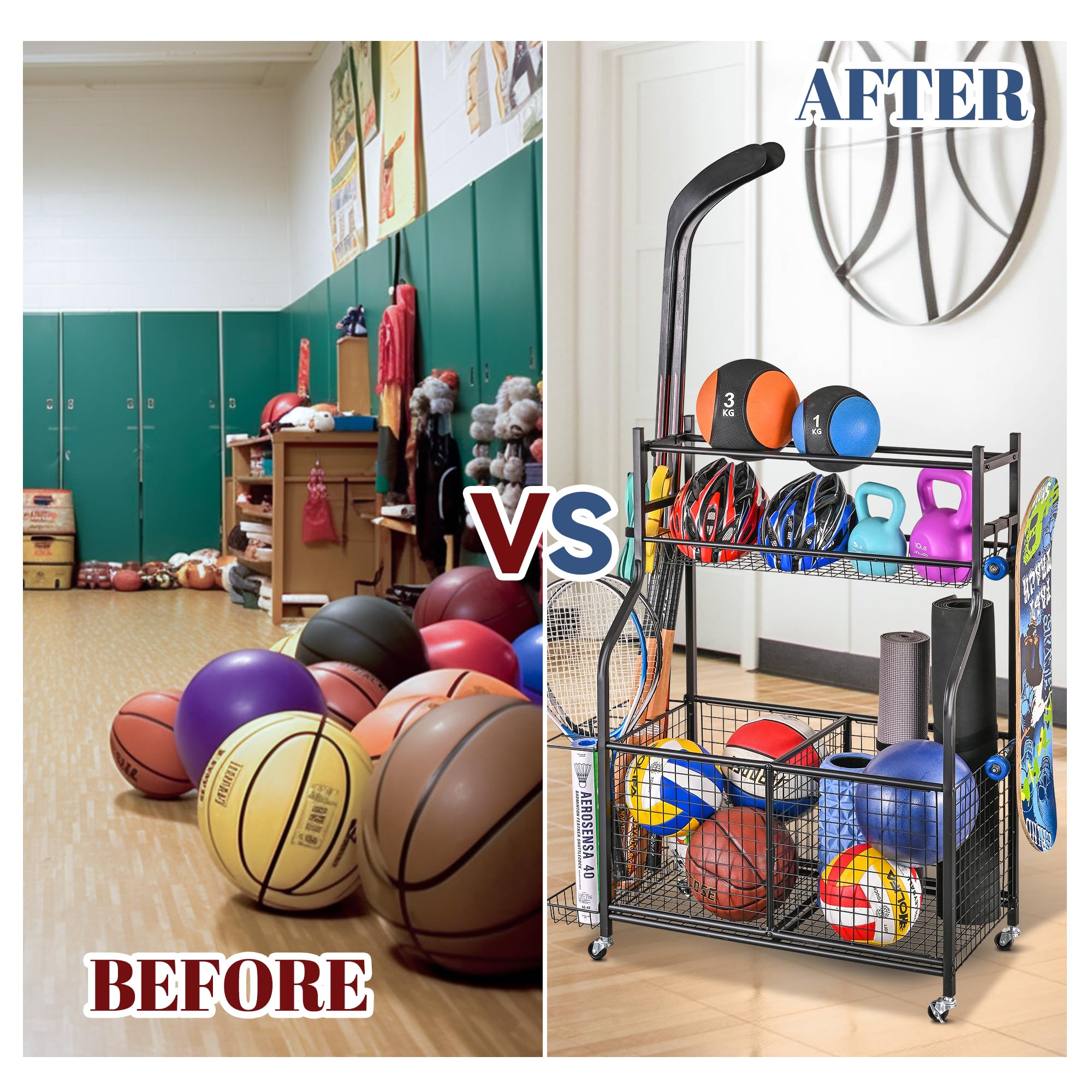 Mythinglogic Sports Equipment Garage Organizer - Rolling Ball Cart with Wheels for Basketball, Soccer, Football Storage | Indoor & Outdoor Sports Gear & Toy Organizer for Garage, Basement, Backyard, Playroom