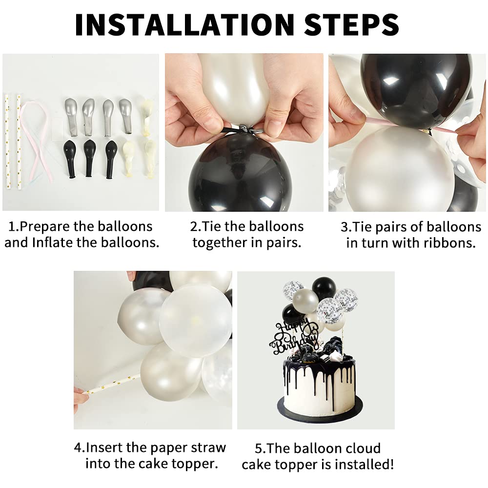 BEISHIDA 5 Inch 10pcs Silver Black Balloon Cloud Cake Topper - Happy Birthday Cake Decorations, Mini Balloon Garland with Letters for Birthday Party, Wedding, Baby Shower & Anniversary Celebrations