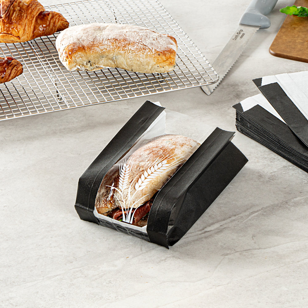 Greaseproof Black Paper Bread Bags - Micro Perforated Wheat Pattern (4.5