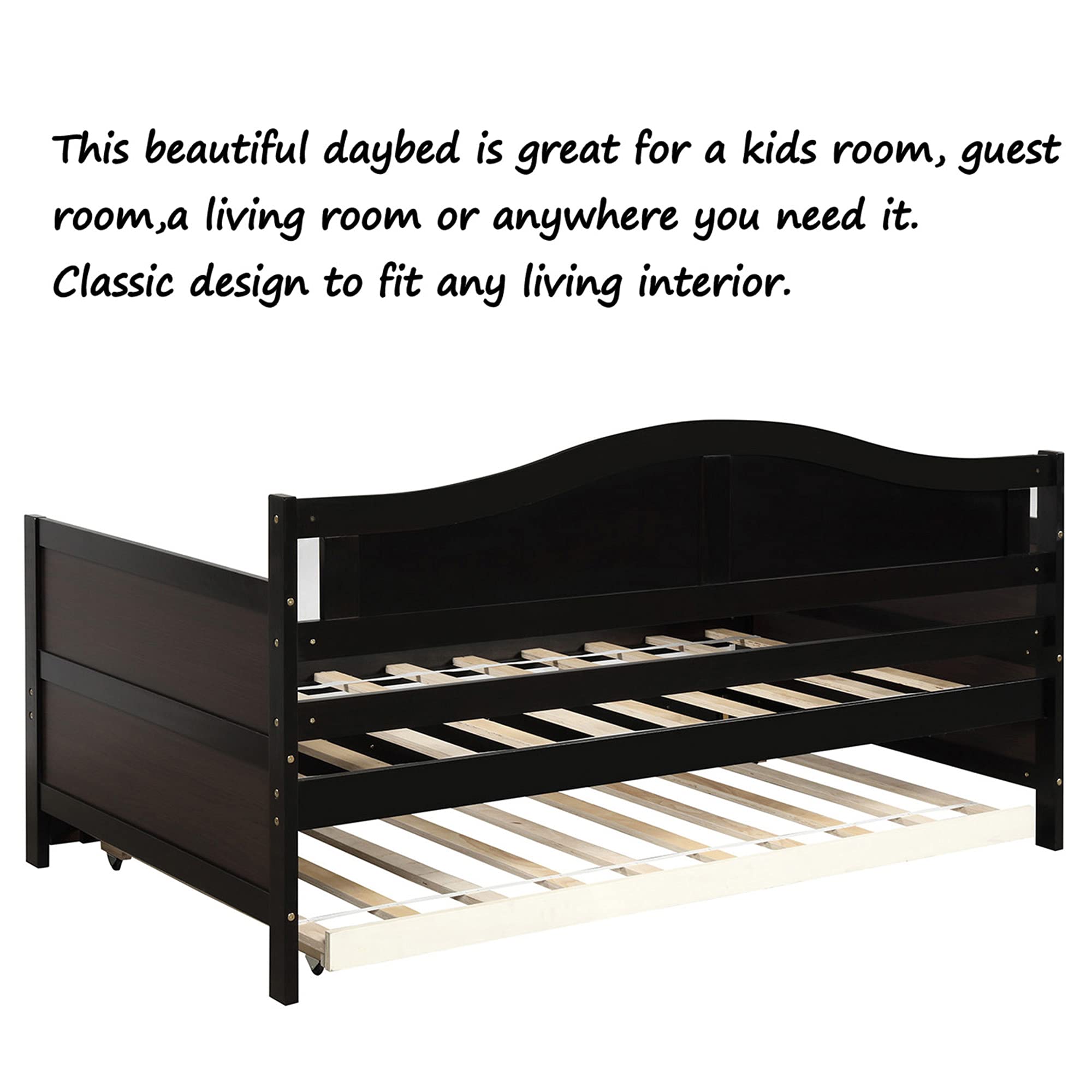 P PURLOVE Wood Twin Daybed with Trundle - Convertible Sofa Bed Frame for Bedroom & Living Room - Espresso Finish - Perfect for Guest Rooms, Small Spaces & Multi-Functional Furniture Needs