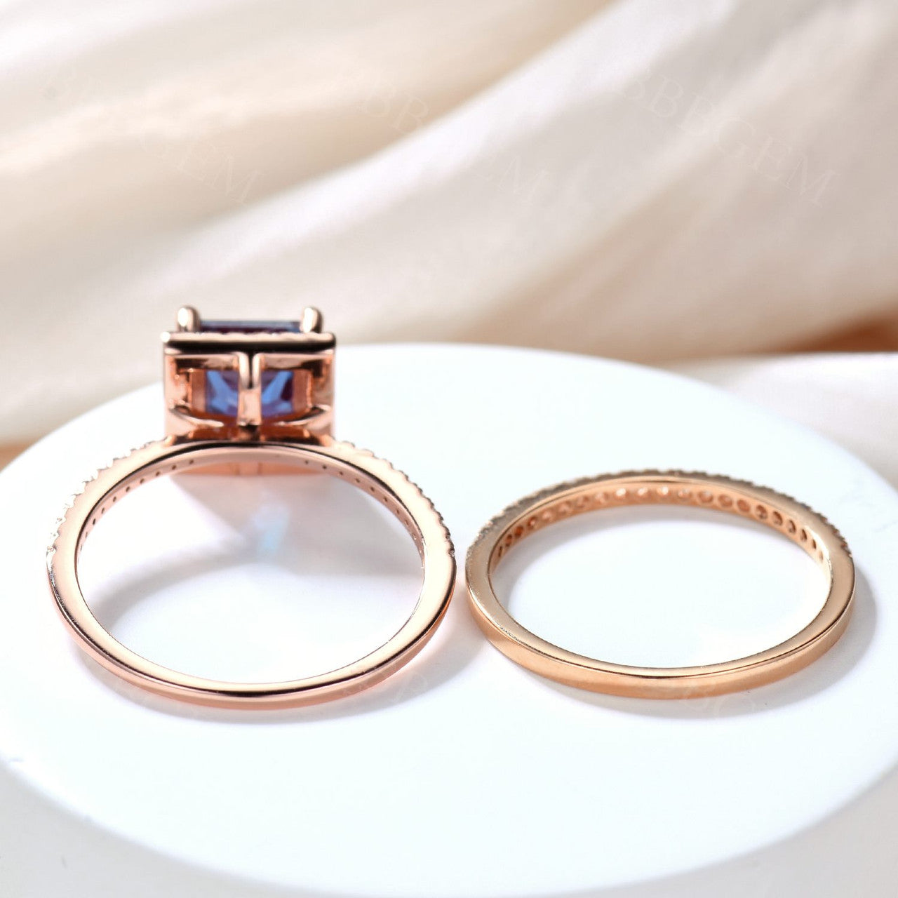 2pcs Alexandrite Bridal Ring Set - 6mm Princess Cut Natural Alexandrite & Diamond Engagement Rings in 14K Rose Gold - Perfect for Weddings, Anniversaries & Proposal Gifts