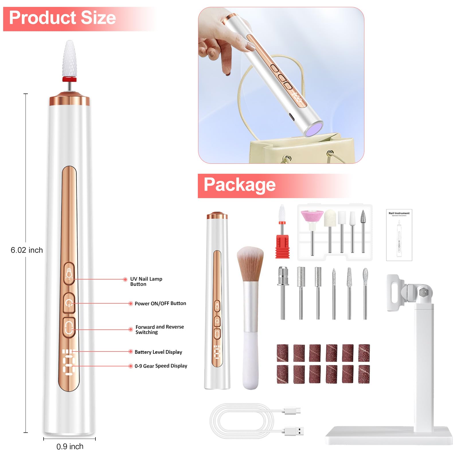 Professional Cordless Electric Nail Drill Kit with UV Light - Rechargeable Portable Nail File for Acrylic, Gel, Manicure & Pedicure - Perfect for Salon & Home Use - DIY Nail Art & Professional Nail Care Solution