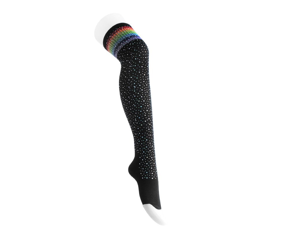 Black Rainbow Varsity Rhinestone Over The Knee Socks for Women - Sparkly Fashion Knee-High Socks for Cheerleading, Dance, and Party Outfits
