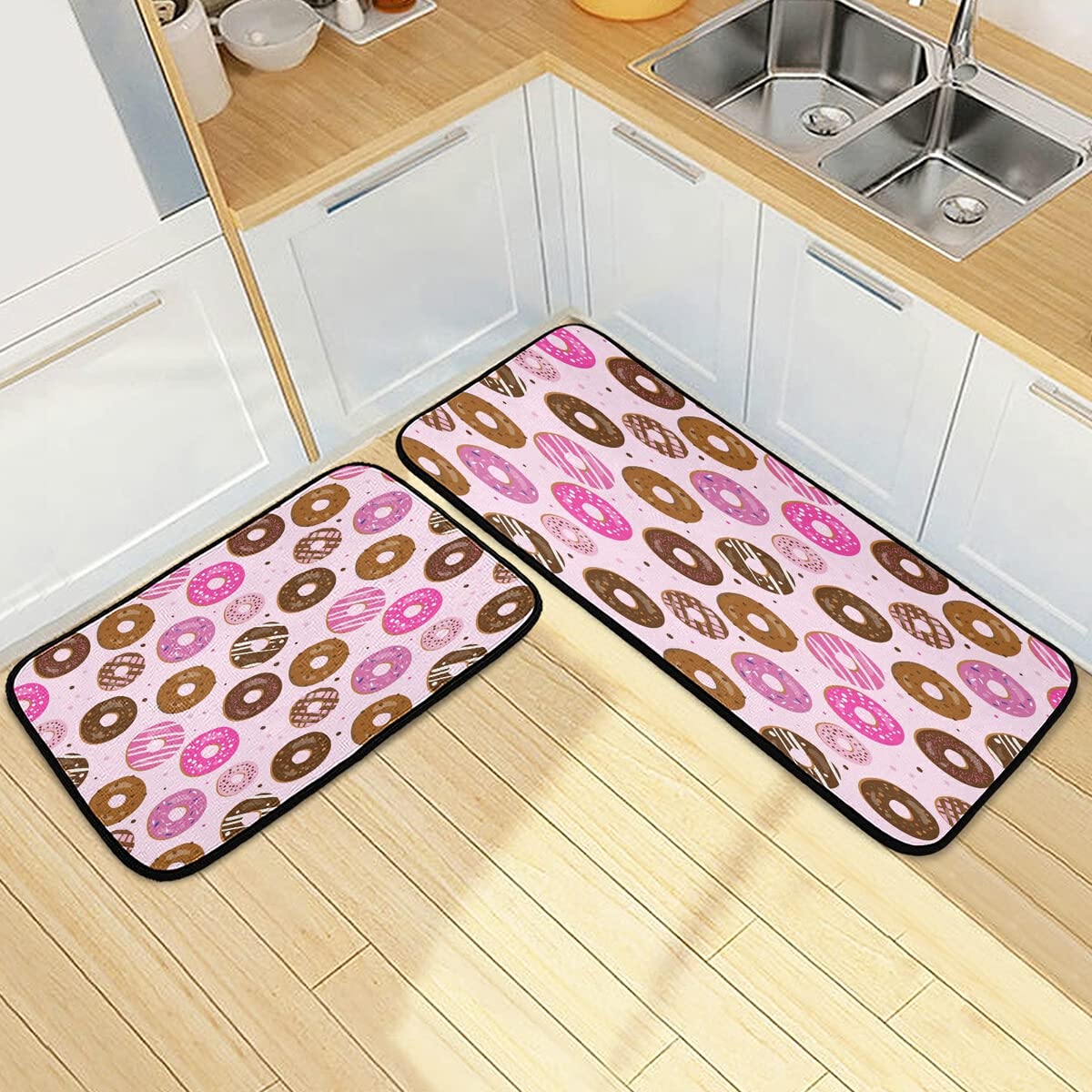ALAZA Non-Slip Kitchen Floor Mats Set of 2 - 47x20 & 28x20 Inch Donut Pattern Absorbent Rugs for Kitchen, Dining Room, and Entryway - Anti-Fatigue Comfort for Cooking and Cleaning