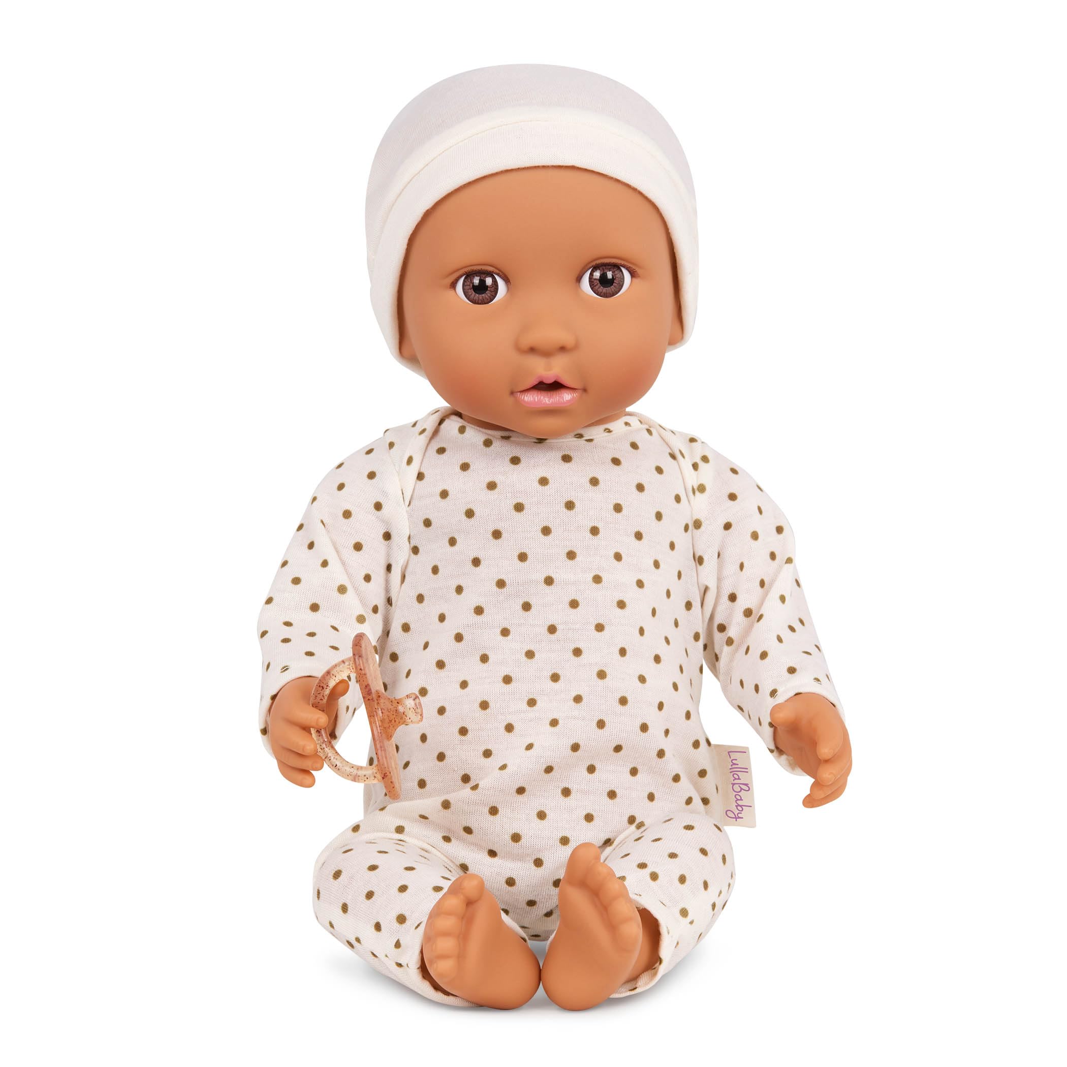 LullaBaby 14-inch Realistic Baby Doll with Soft Body & Removable Outfit - Ivory Hat & Pacifier Accessories - Perfect Gift for Toddlers Ages 2+ (Ivory Polka Dot Pajama) - Great for Role Play, Pretend Play & Early Childhood Development
