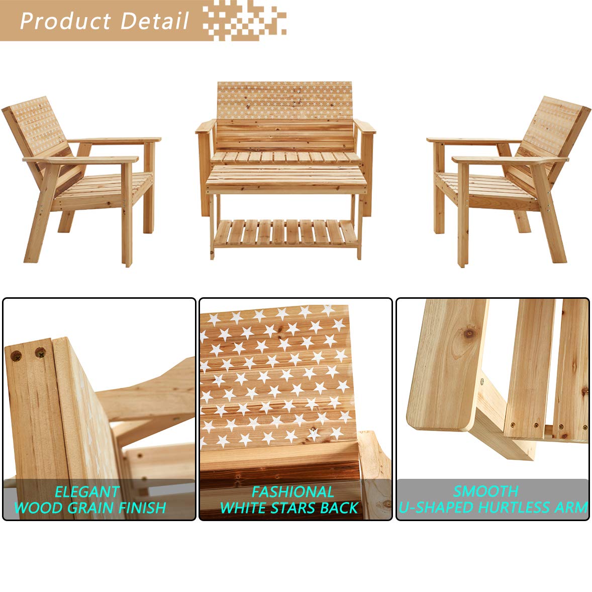 Patio Furniture Set 4-Piece Outdoor Conversation Set with Wood Armrest Loveseat, Lounge Chair, and Stars & Stripes Printed Coffee Table - Perfect for Backyard, Garden, Deck, and Poolside Relaxation