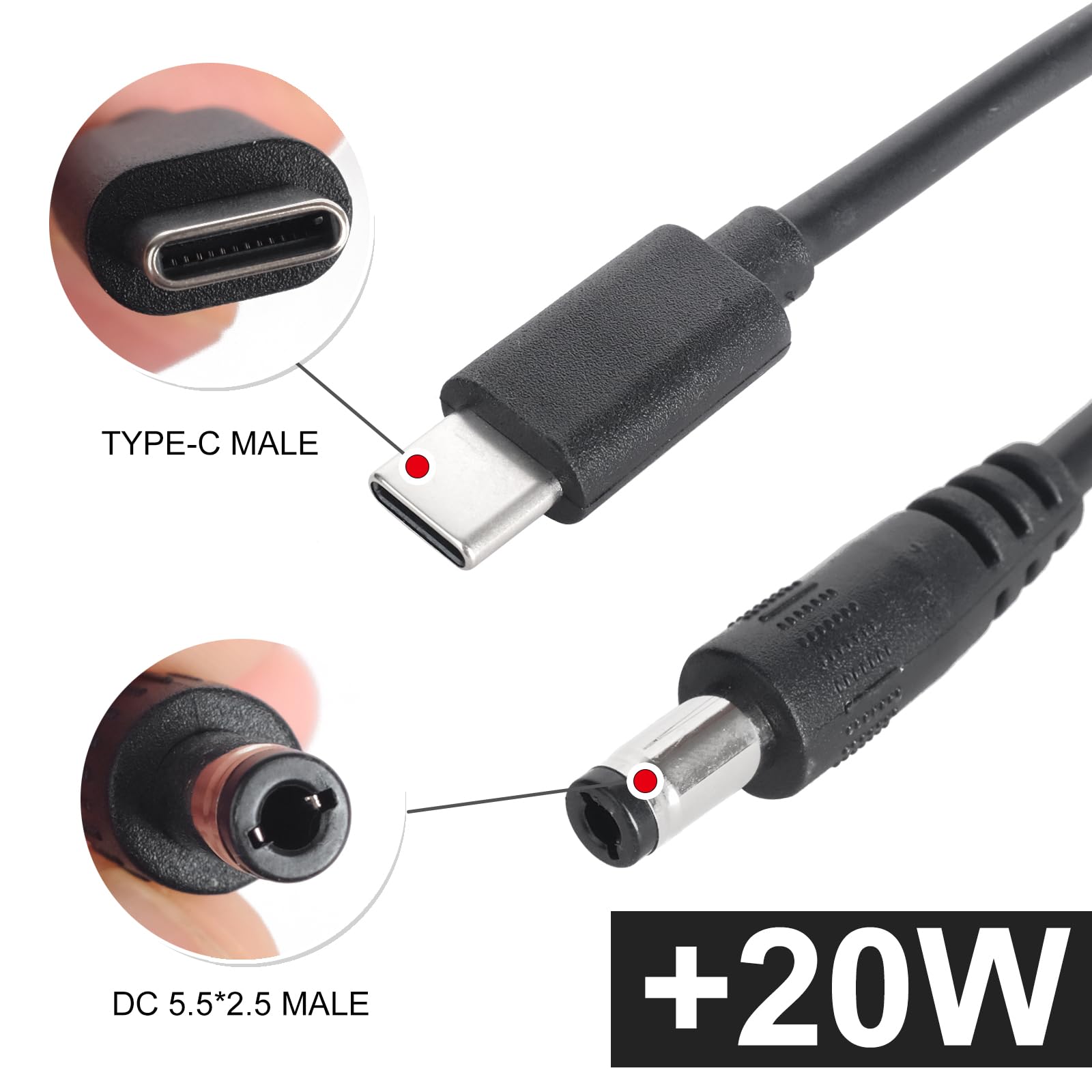 USB C to DC 5.5mm x 2.1mm Power Cable - 12V 3A Output - Compatible with PD Chargers & Power Banks - Perfect for Laptops, Monitors, Routers & LED Strips