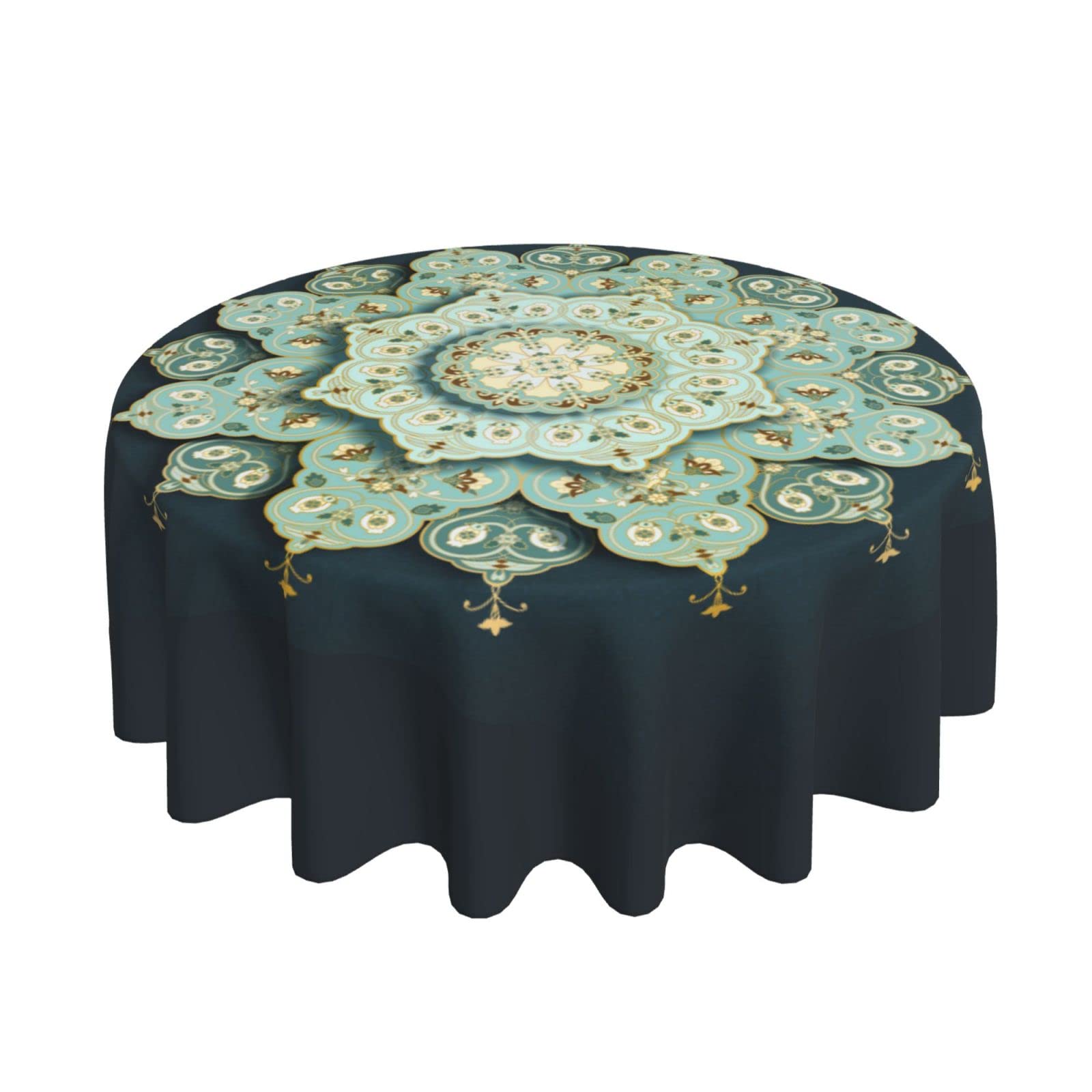 Light Turquoise Mandala Floral Round Tablecloth - 60 Inch Washable Polyester Table Cover for Kitchen, Party, Picnic & Dining Decor | Perfect for Boho Home Decor, Outdoor Gatherings & Special Occasions