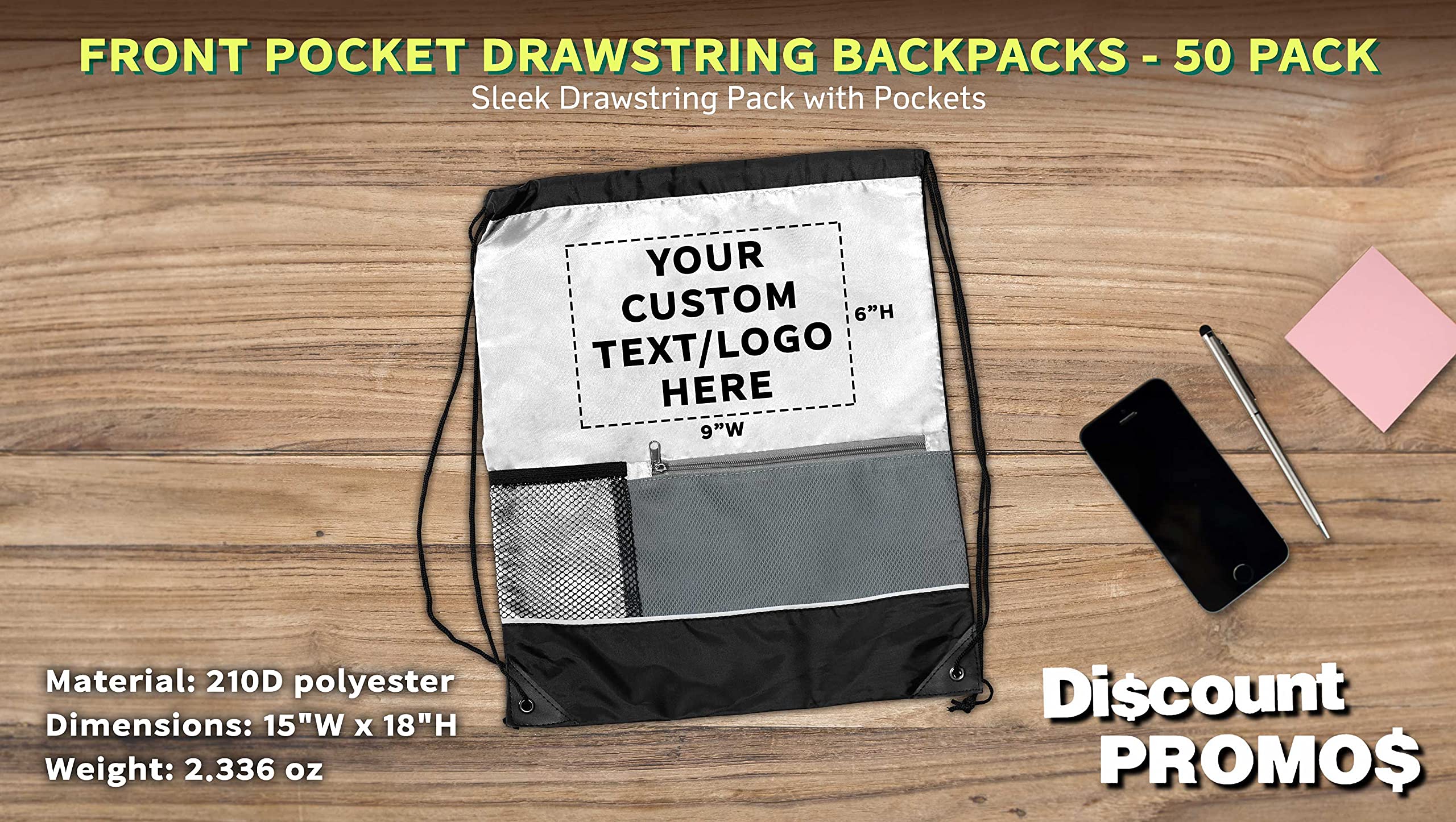 Custom Front Pocket Drawstring Backpacks - Bulk Set of 50 Personalized Reusable Bags | Lightweight Sports Backpack for Gym, Travel & Promotional Events | White Drawstring Bags for Schools, Events & Giveaways