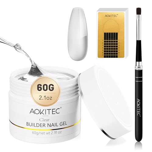 Aokitec Professional Builder Nail Gel Kit - 60g Clear Hard Extension Gel for Strong Nails with 100 Nail Forms & Gel Brush | DIY Nail Repair, Broken Nail Treatment & Salon-Quality Manicures at Home | Perfect for Nail Extensions, Strengthening & Home Salon Use