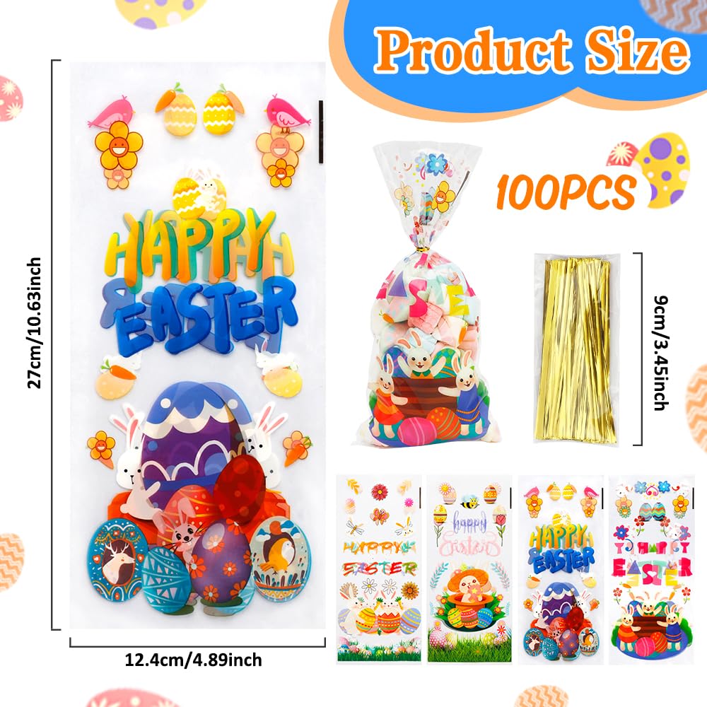 100-Pack Clear Easter Cellophane Treat Bags with Twist Ties - Easter Candy Bags, Easter Party Favors, Easter Gift Bags for Candy, Cookies & Small Gifts - Perfect for Easter Egg Hunts, Classroom Treats & Holiday Party Supplies
