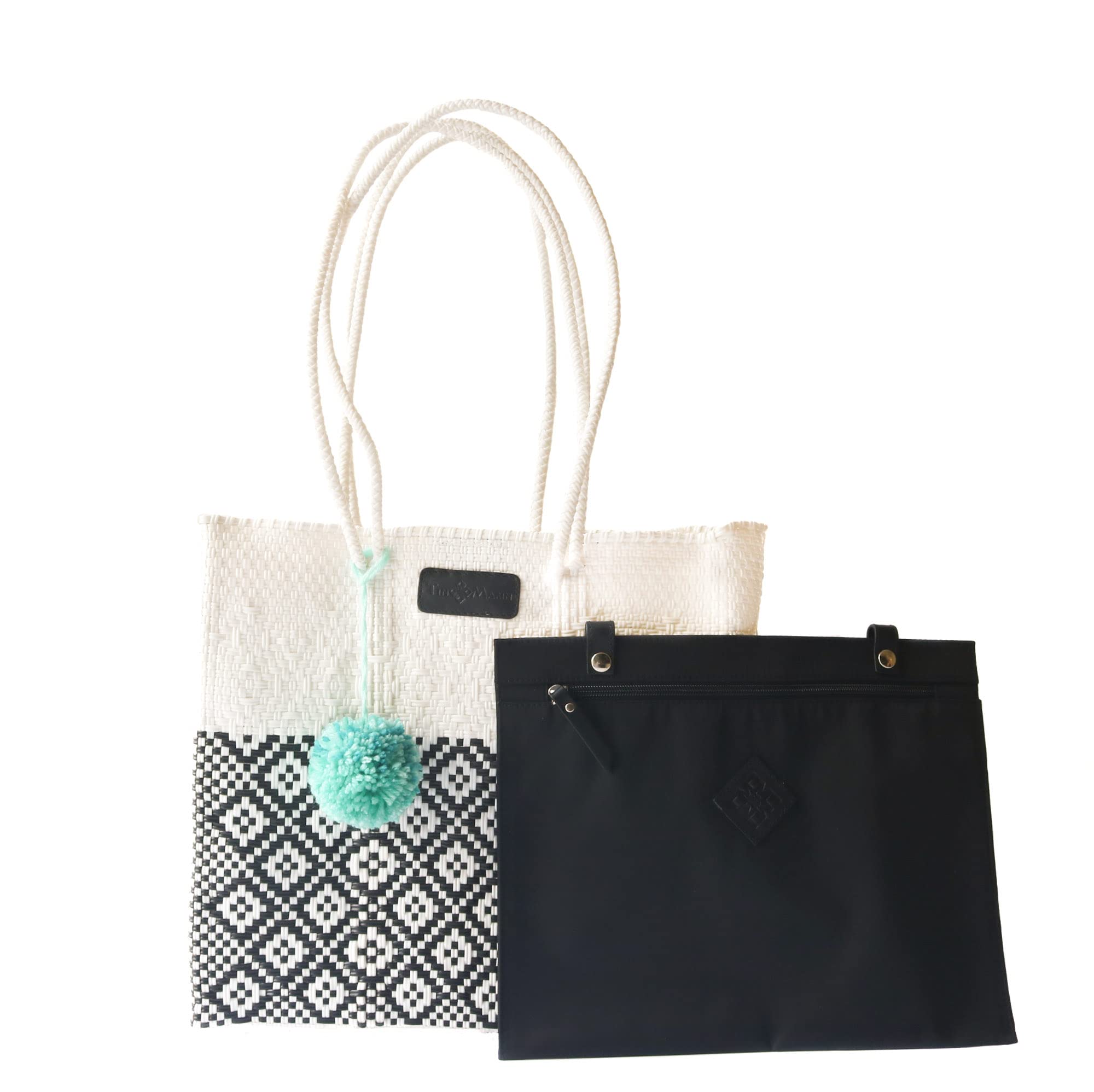 Stylish Tin Marin White Handwoven Plastic Tote Bag with Extra Long Handles - Mexican Woven Beach Bag for Summer, Travel & Shopping | Durable Leather Finishes for Daily Use