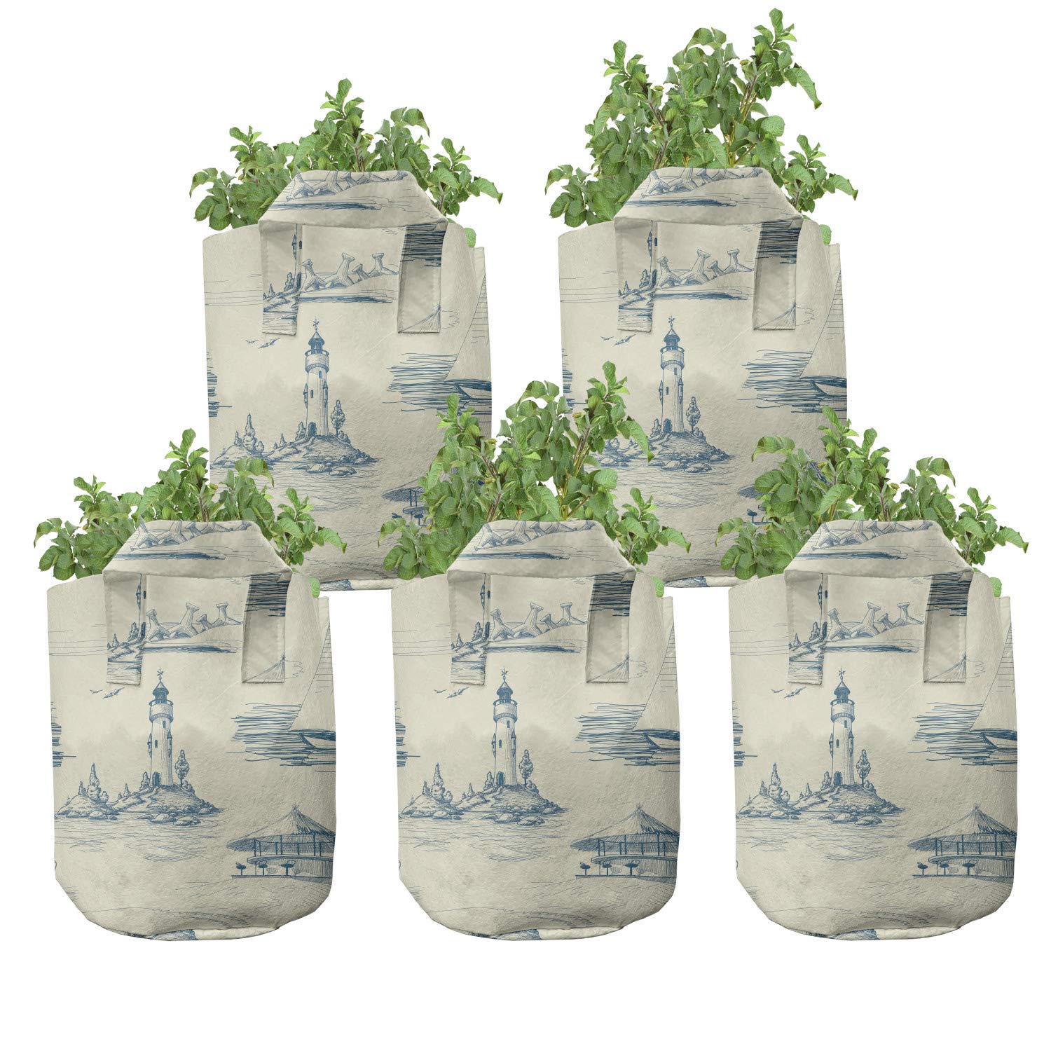 Ambesonne 5-Pack 7 Gallon Heavy Duty Fabric Grow Bags with Handles - Lighthouse & Summertime Lines Design in Beige & Dark Blue - Perfect for Indoor/Outdoor Plants, Vegetables, Herbs & Flowers