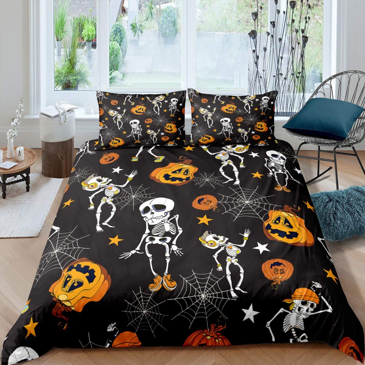 Funny Halloween Skeleton & Pumpkin Duvet Cover Set - Twin Size 2-Piece Bedding with Spider Web Print for Kids & Boys | Perfect for Halloween Decor, Themed Bedrooms & Spooky Gifts