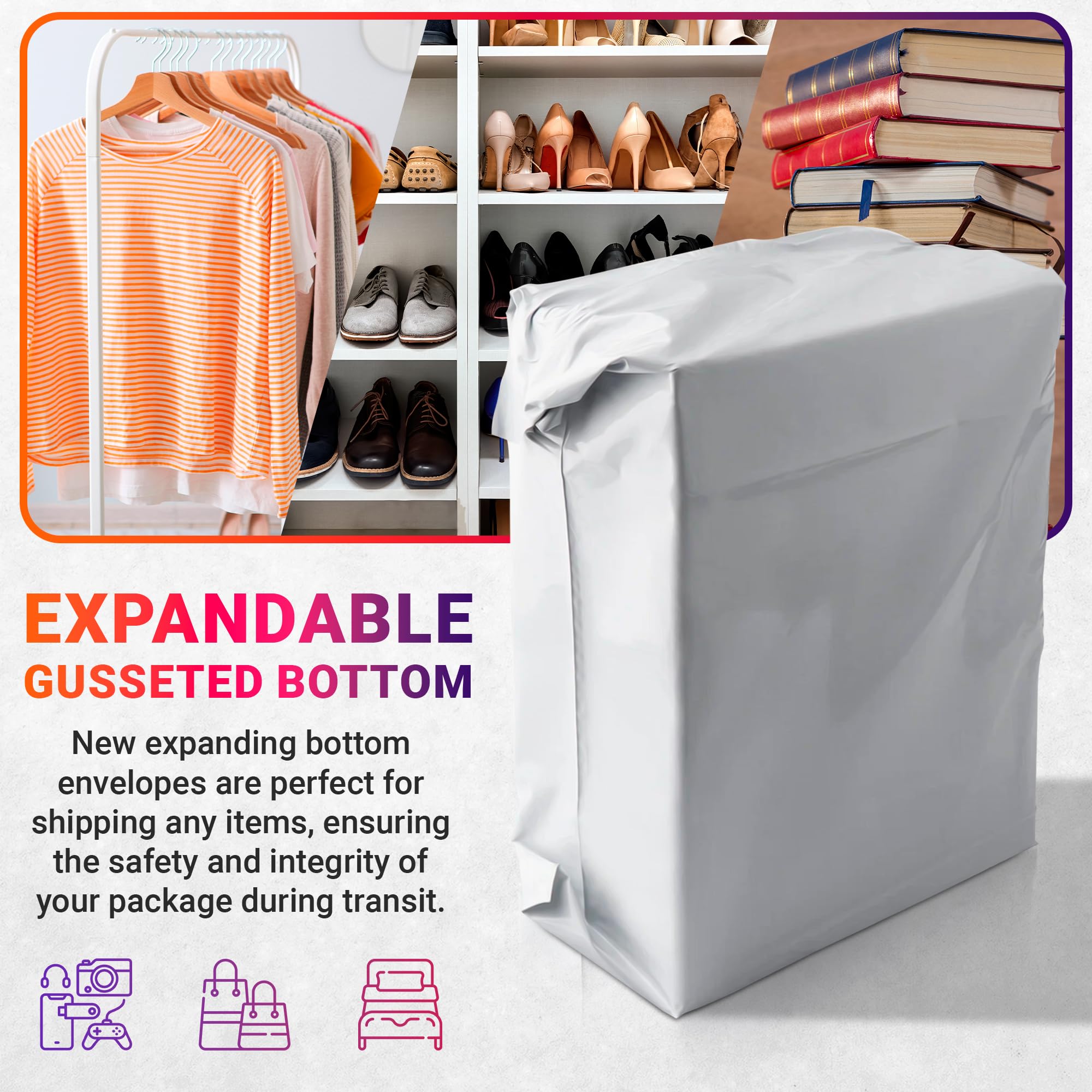 ABC White Gusseted Poly Mailers 11x13x4 Inches - 500 Pack Expandable Shipping Bags for Clothes, Apparel & Ecommerce - Perfect for Online Stores, Boutiques & Small Business Shipping Needs