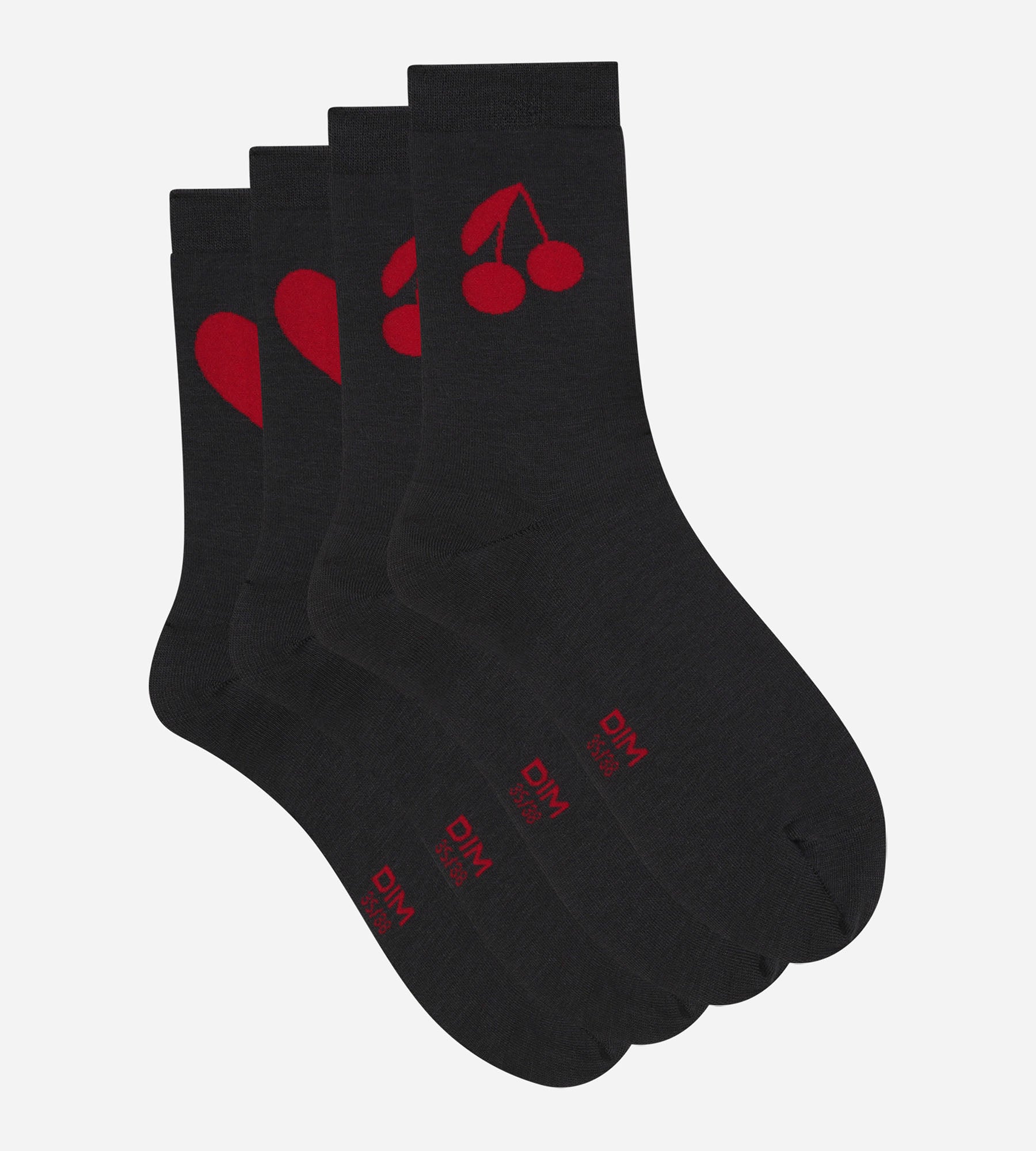 2 Pairs Women's Socks - Dark Gray Heart & Cherry Print Bamboo Cotton - Soft Breathable for Daily Wear, Workout & Casual Outfits