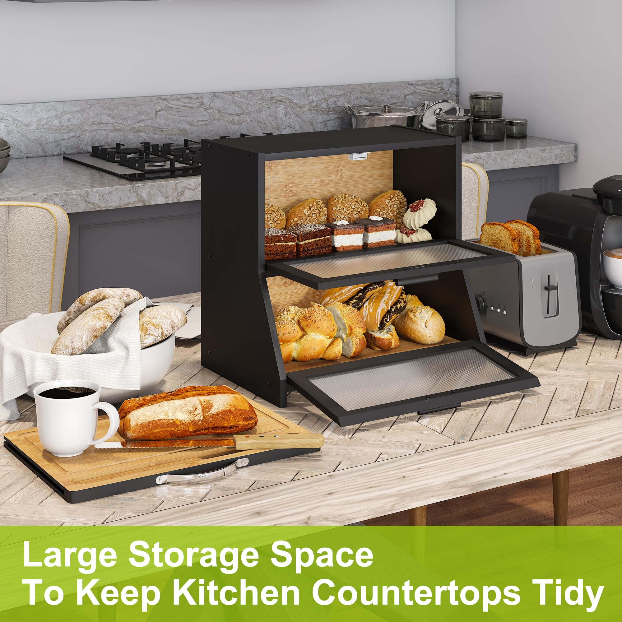 BMOSU Double-Layer Large Bamboo Bread Box with Cutting Board & Frosted Glass Window - Kitchen Countertop Storage for Bread, Pastries & Baked Goods (Black) - Perfect for Home Bakeries & Modern Kitchens