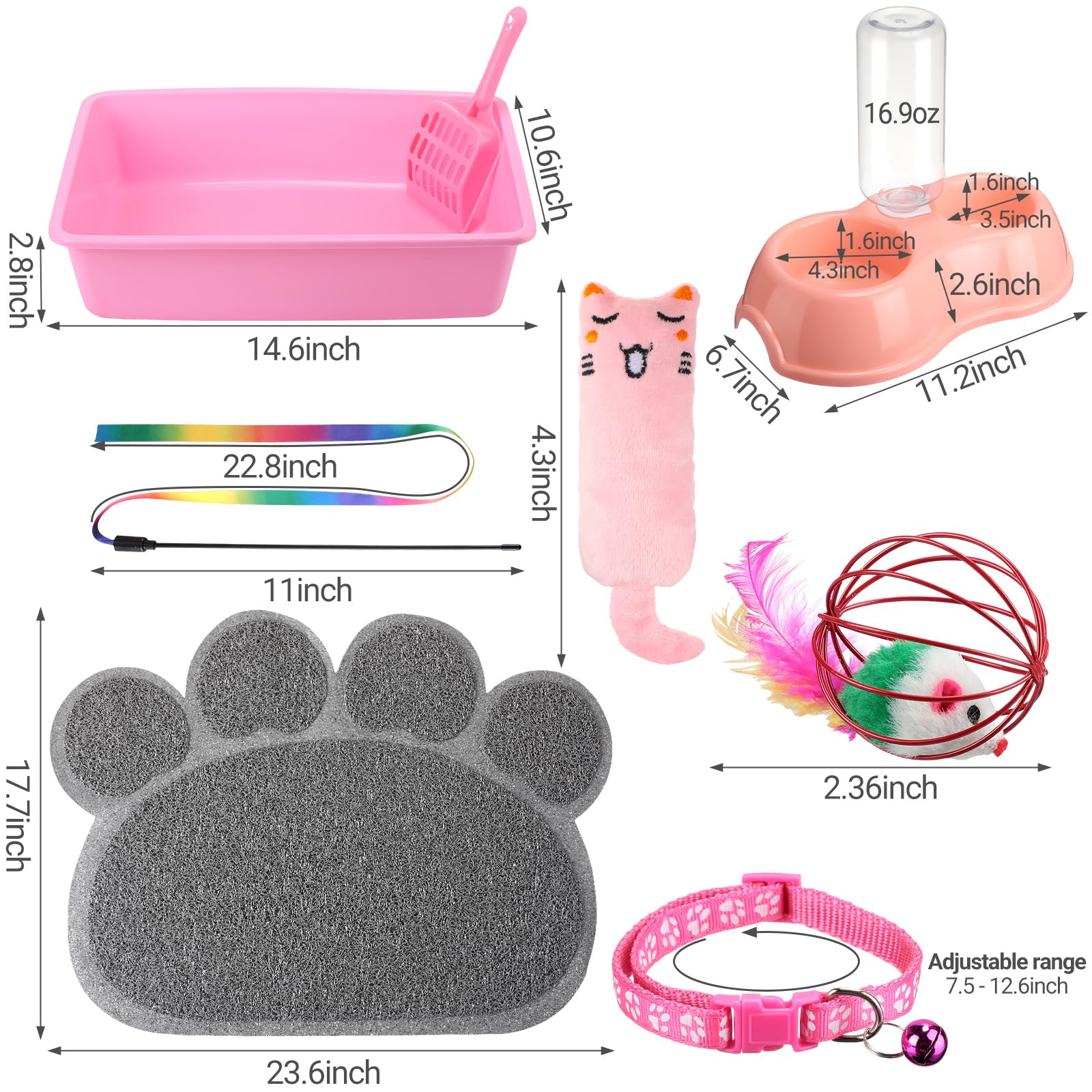 7-Piece Small Cat Kitten Starter Kit - Litter Box with Scoop, Paw Mat, Automatic Bowls, Toy Teaser Stick & Collar - Essential Supplies for 1-3 Lbs Kittens (Pink) - Perfect for New Cat Owners & Small Breed Kittens