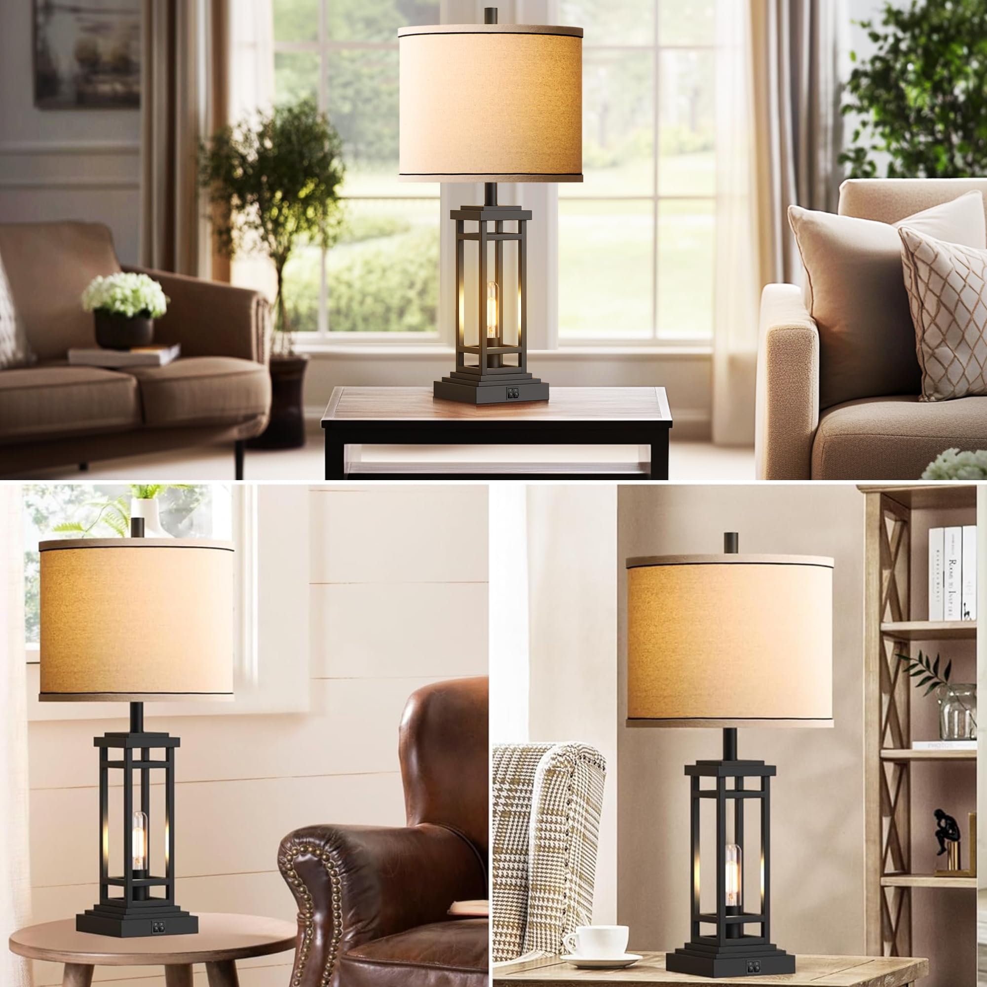 ROTTOGOON 27.5 Inch Tall Farmhouse Table Lamp with USB C & USB A Charging Ports - Rustic Industrial Black End Table Lamp for Bedroom, Living Room, Nightstand - Perfect for Reading, Charging Devices & Home Decor