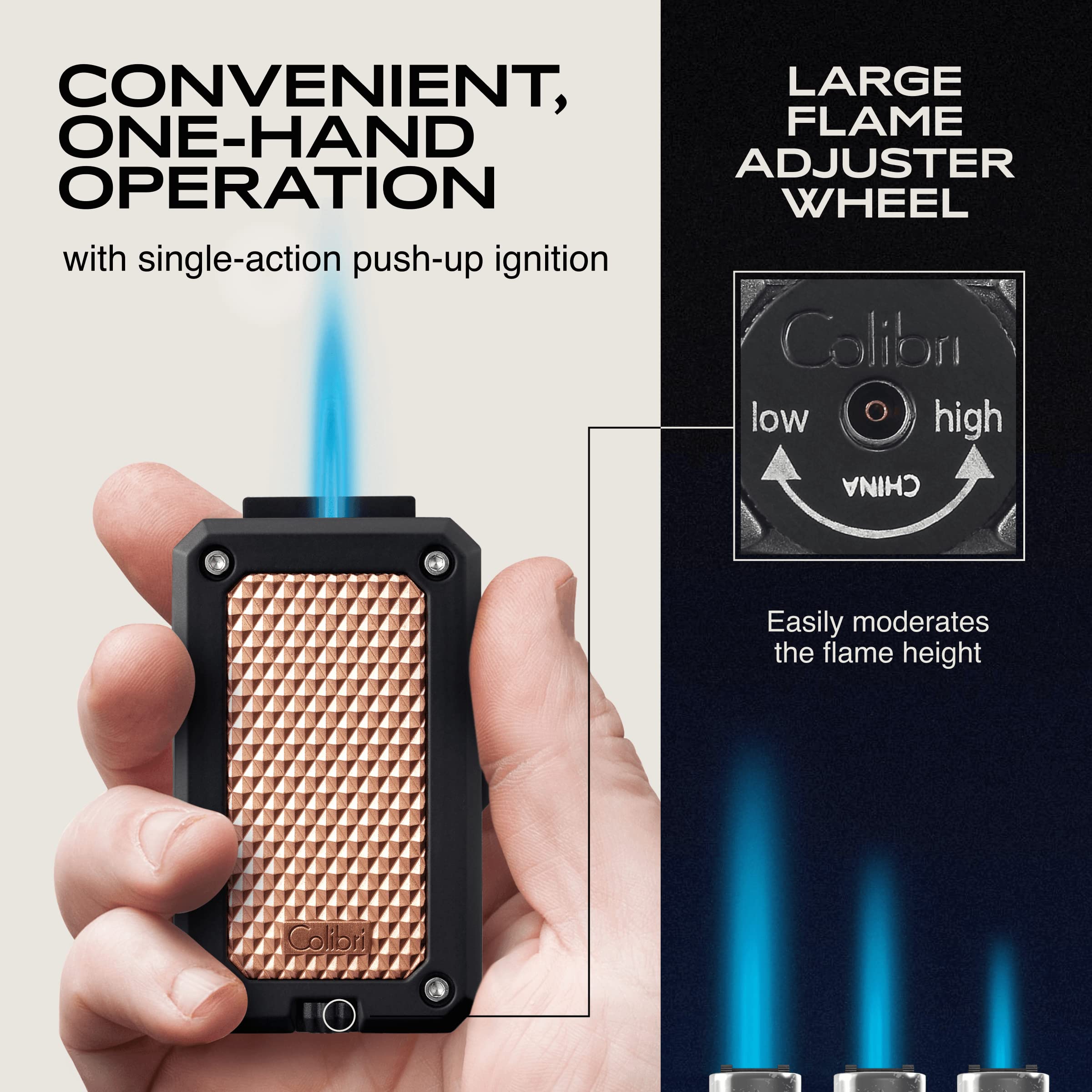Colibri Rally Single Jet Flame Butane Lighter - Windproof Refillable Cigar Lighter with Blue Fuel Window & Adjustable Flame (Black/Rose) - Perfect for Cigar Smoking, Outdoor Camping & BBQ Use