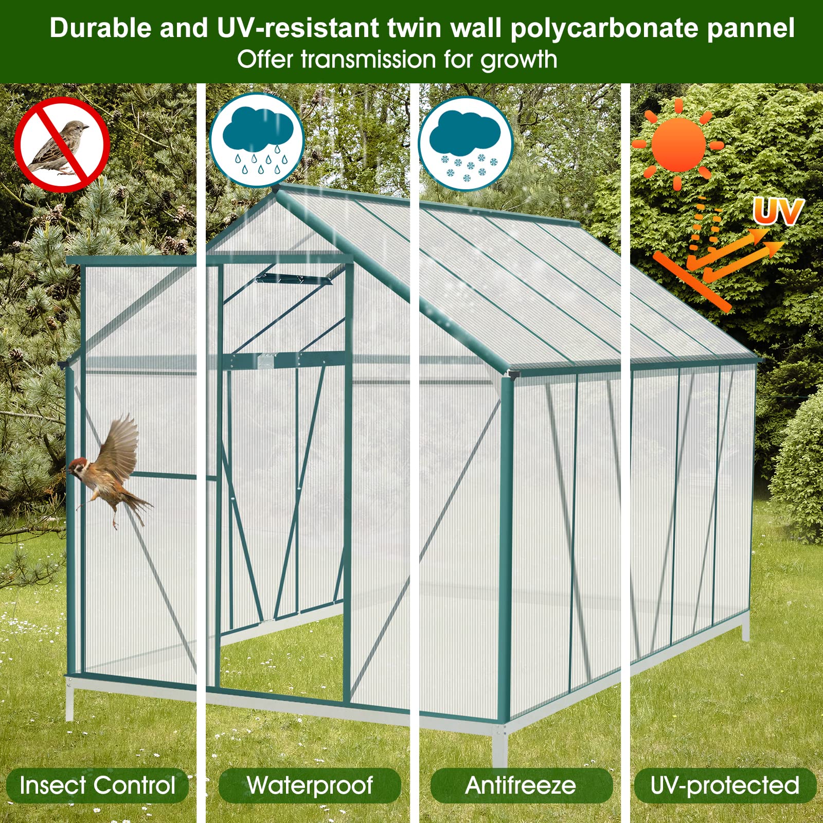 6.2x10.2 FT Heavy Duty Walk-In Greenhouse - Polycarbonate Panels & Aluminum Frame with 2 Vent Windows & Lockable Door - Perfect for Outdoor Gardening, Backyard Plant Nursery & Year-Round Growing