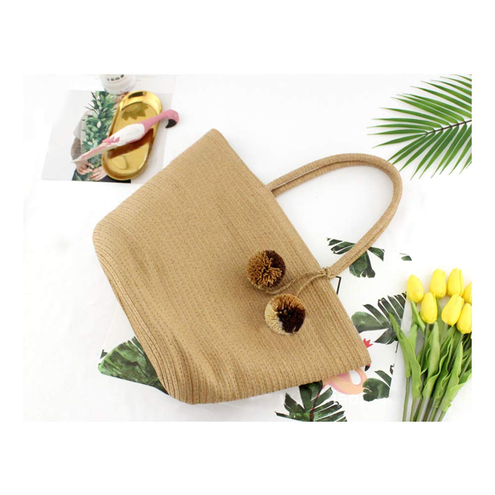 Women's Handwoven Straw Beach Tote Bag - Large Summer Shoulder Bag with Pom Pom Decor in Khaki | Perfect for Beach Vacations, Picnics & Poolside Lounging