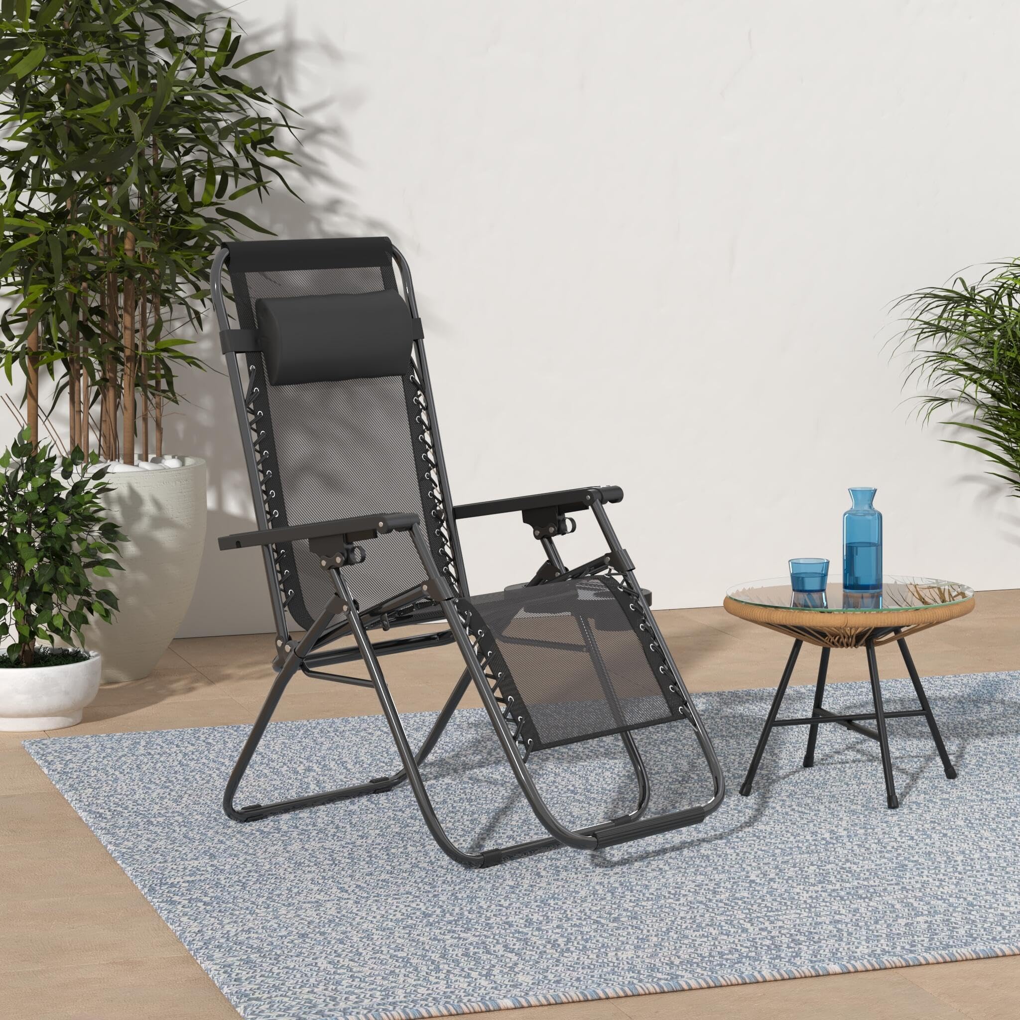 Best Folding Reclining Lounge Chair with Pillow & Cup Holder - Adjustable Massage Chair for Pool, Backyard, Beach, Patio - Comfortable Outdoor Relaxation (Black)