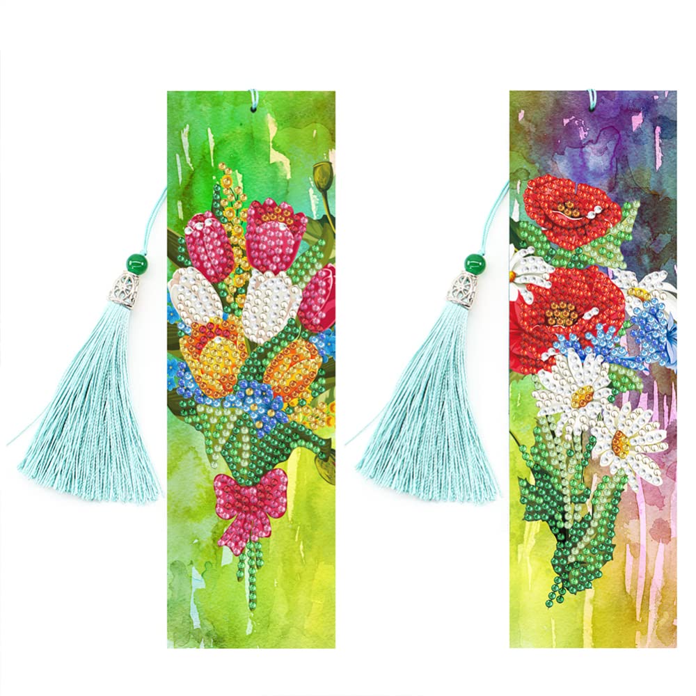 2 Pack 5D DIY Diamond Painting Bookmarks with Creative Beaded Tassel - Flower Design Rhinestone Craft Kit for Kids & Adults - Perfect for Book Lovers, Reading Accessories, and Handmade Gift Ideas