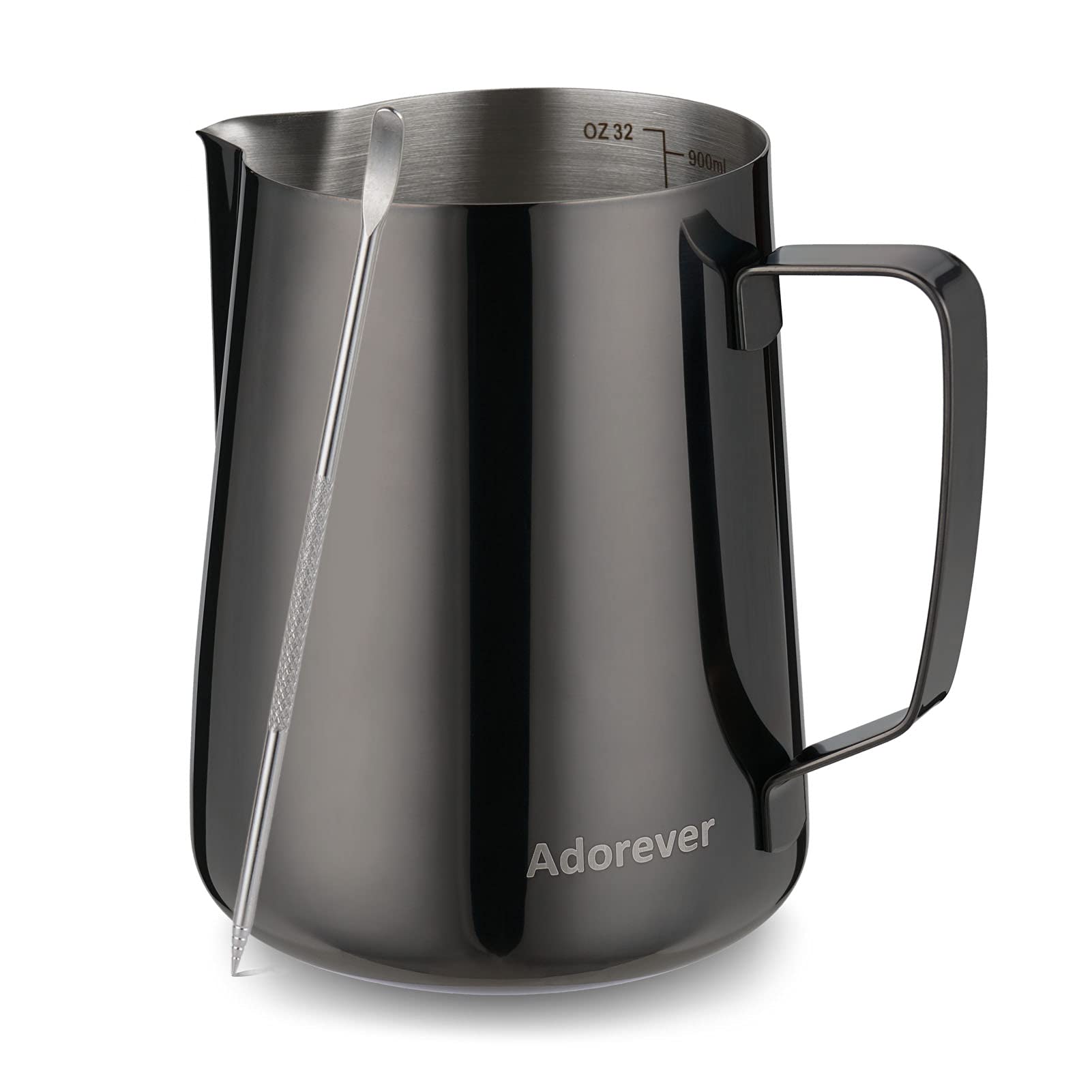 Professional 900ml (32oz) Stainless Steel Milk Frothing Pitcher - Barista Grade Coffee Steaming Jug for Latte Art, Cappuccino & Hot Chocolate Making - Includes Decorating Art Pen (Bright Black) - Perfect for Home Baristas & Coffee Shops