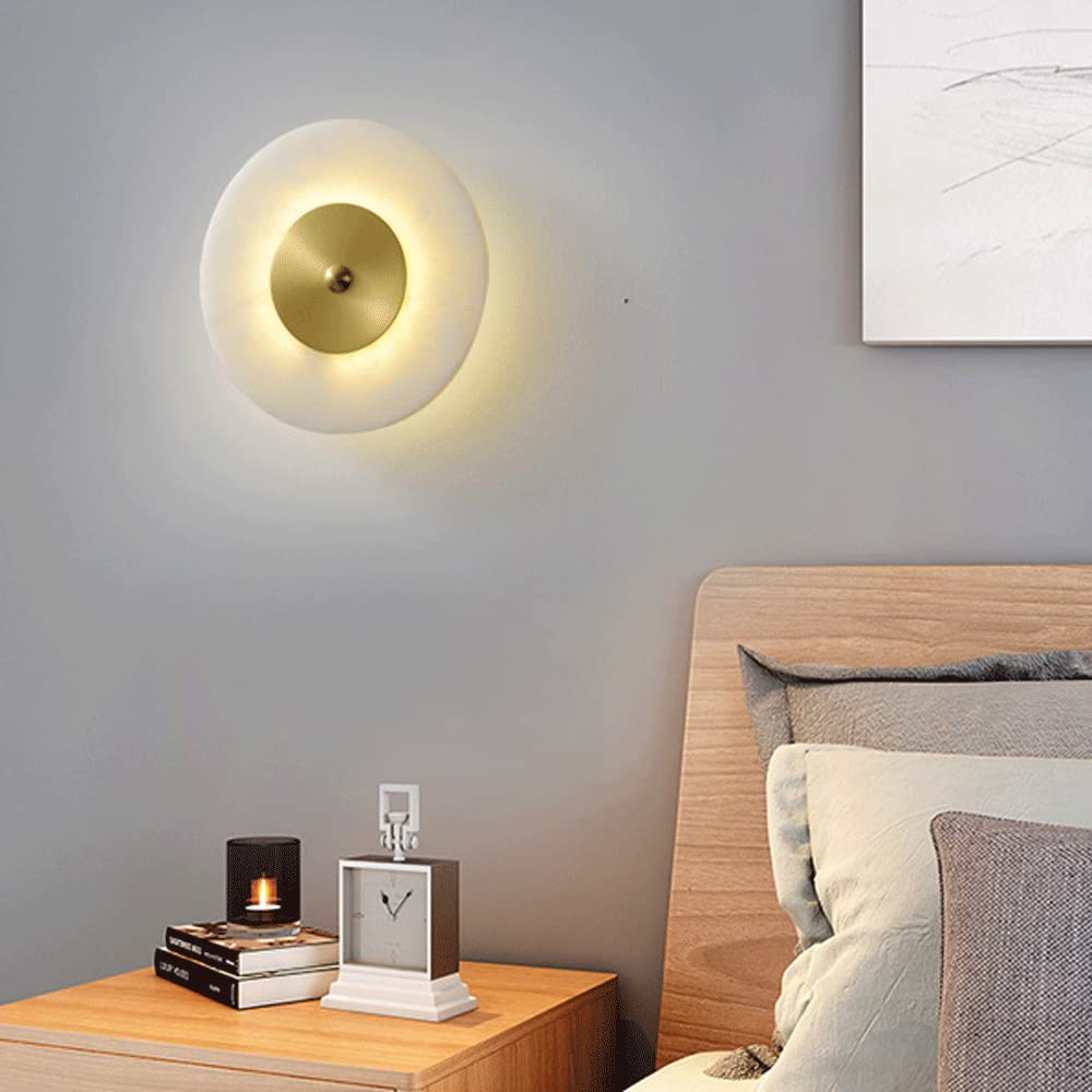 Modern Round Copper Wall Sconce with Marble Shade - LED Wall Mounted Light Fixture for Bedroom Headboard, Living Room, Hallway & Study - Dimmable Ambient Lighting for Home Decor