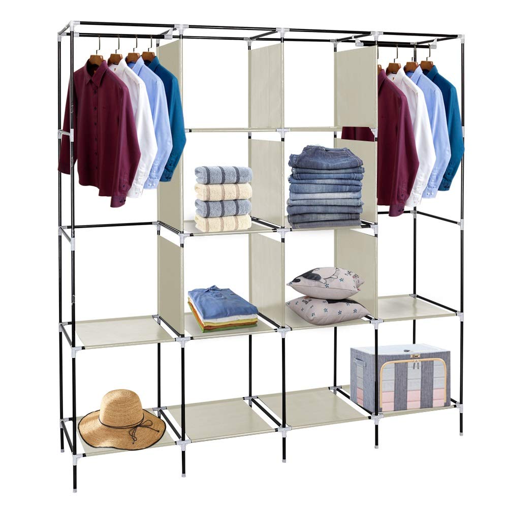 Portable Wardrobe Closet with 12 Shelves & 4 Side Pockets - Foldable Closet Organizer for Clothes Storage, Hanging Garments & Bedroom Organization - Durable & Easy to Assemble for Home, Dorm, or Travel Use
