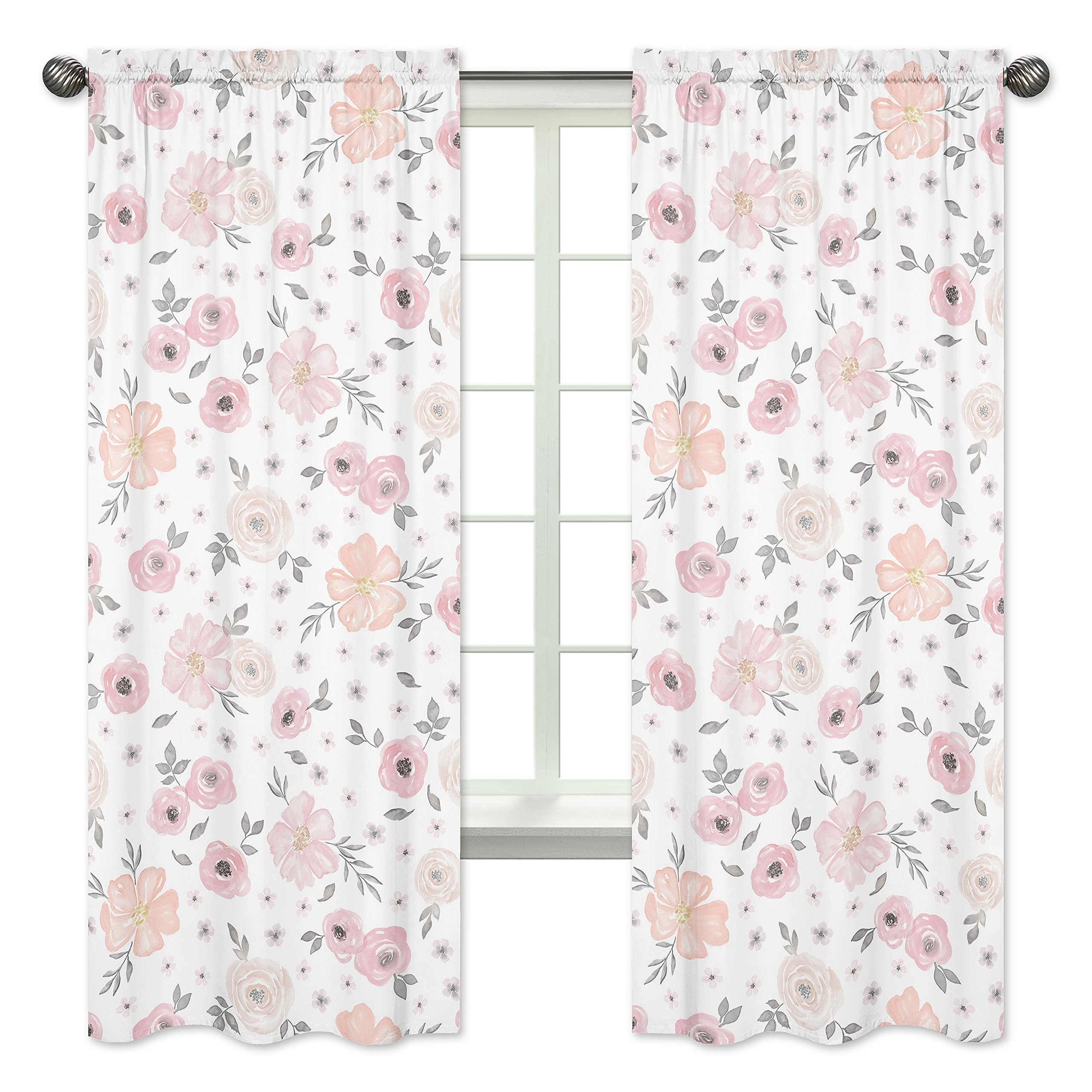 Sweet Jojo Designs Blush Pink, Grey and White Watercolor Floral Curtains - Set of 2 Panels, Blackout Window Treatments for Living Room & Bedroom Decor