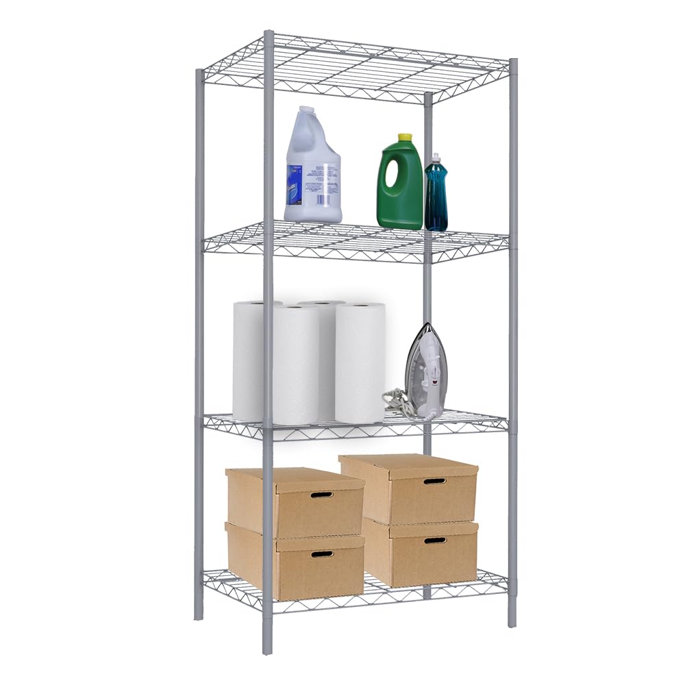 Home Basics 4-Tier Heavy Duty Steel Wire Shelf Rack - Space Saving Storage Organizer for Kitchen, Pantry, Laundry, Garage & Closet - Grey | Perfect for Organizing Spices, Cleaning Supplies & Home Essentials