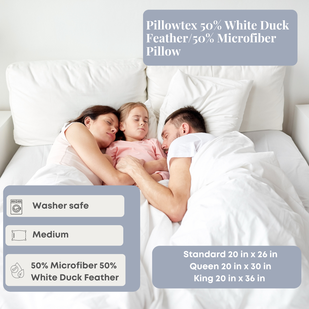 Premium Pillowtex 50% White Duck Feather & 50% Microfiber Blend Pillow - Soft Support for Side, Back & Stomach Sleepers - Ideal for Home, Hotel & Travel Use