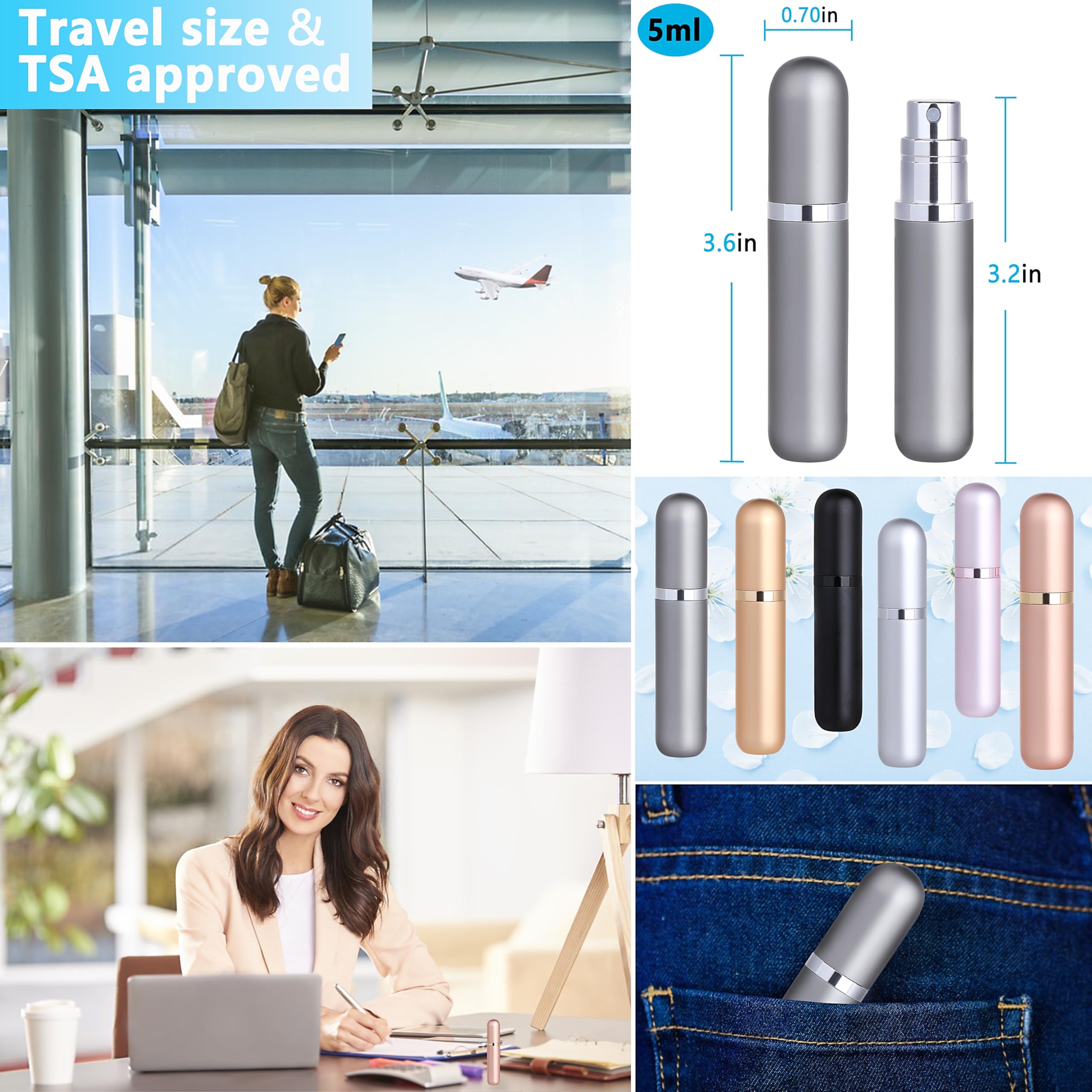 Premium 5ml Refillable Travel Perfume Atomizer Bottle 2-Pack - Leakproof & Portable Perfume Sprayer for Women & Men (Gray) - Perfect for Airplane Carry-On, Gym Bag & Everyday Purse