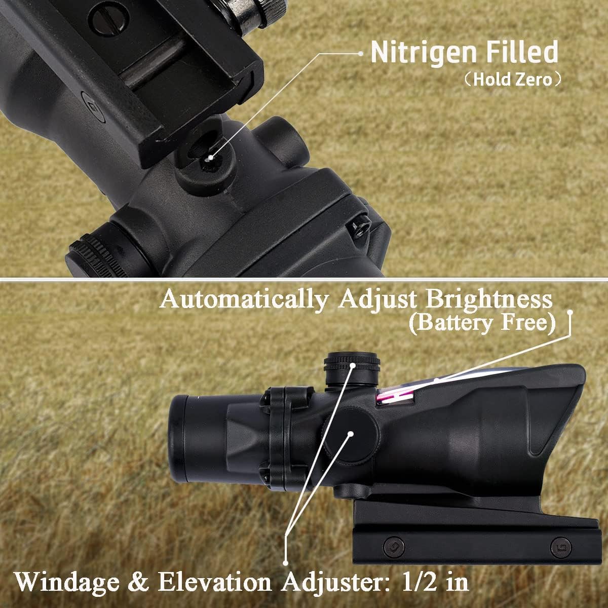 KinZon Acog 4X32 Rifle Scope with Dual Illumination & Chevron Fiber Optic Reticle | .223 Ballistic Reticle for Hunting, Tactical Shooting & Outdoor Adventures