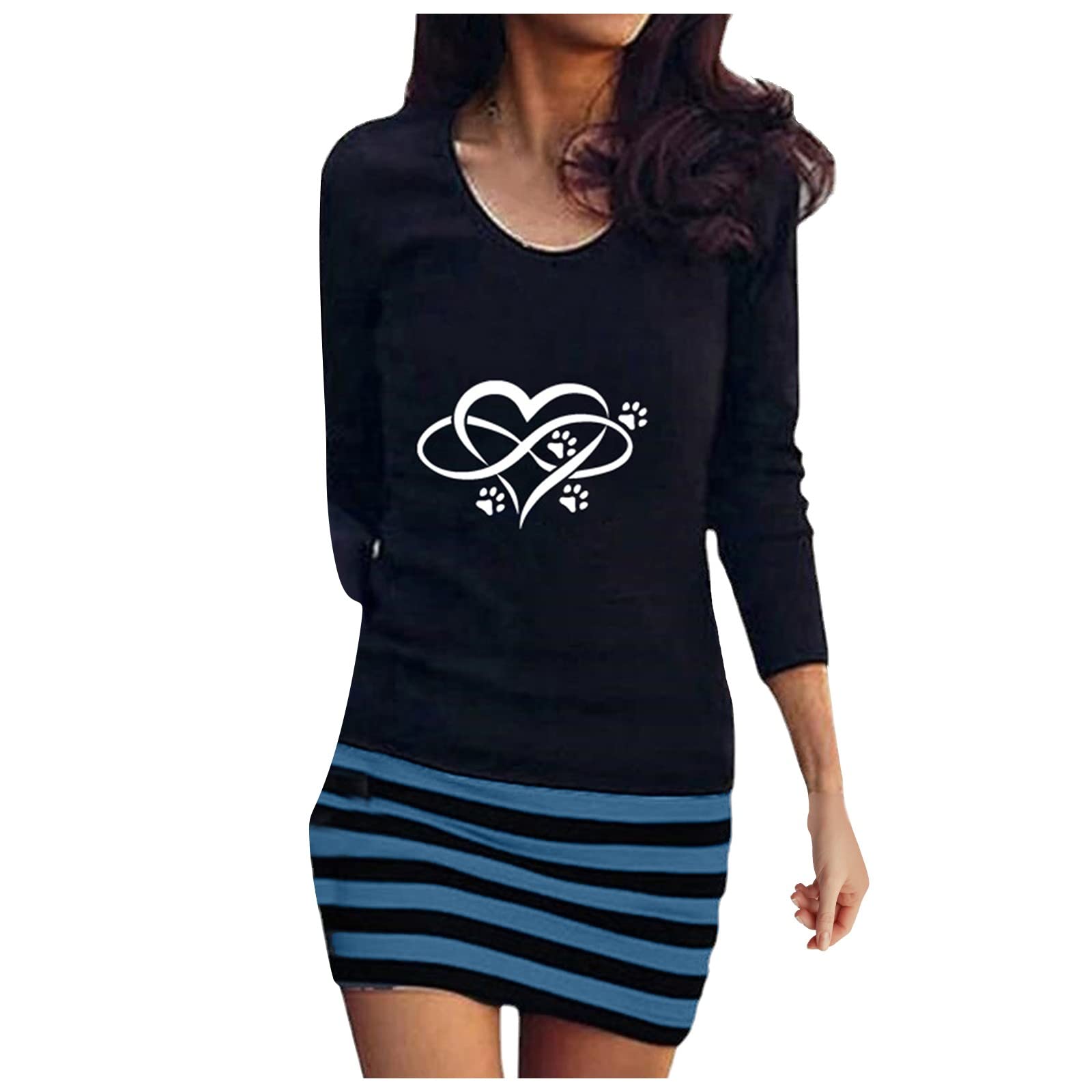 2022 Women's Summer Fashion Dress - Cute Cat Palm Print Round Neck Long Sleeve Striped Dress (Sizes S-5XL) | Perfect for Beach Vacation, Date Night & Casual Outings