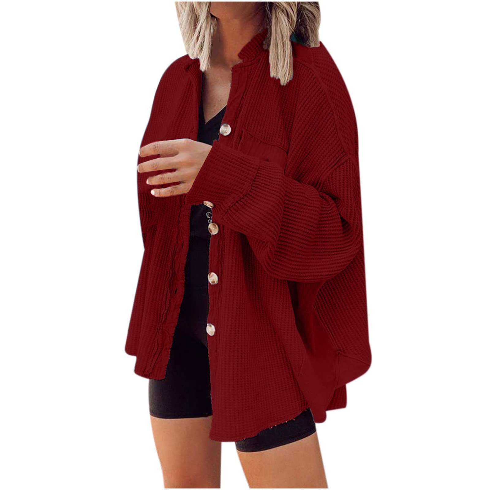 Women's Loose Fit Batwing Sleeve Waffle Knit Button Down Shirt Shacket - Casual Sweater Blouse for Women | Perfect for Fall Layering, Office Wear & Weekend Outfits