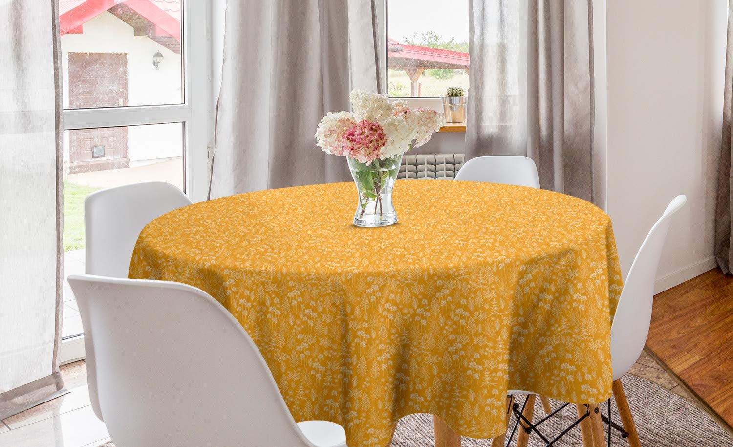 Ambesonne Botanical Round Tablecloth 60 Inch - Vibrant Autumn Leaves & Branches Design, Retro Style Dining Table Cover for Kitchen & Home Decor, Marigold & Cream - Perfect for Thanksgiving, Fall Parties & Cozy Dining